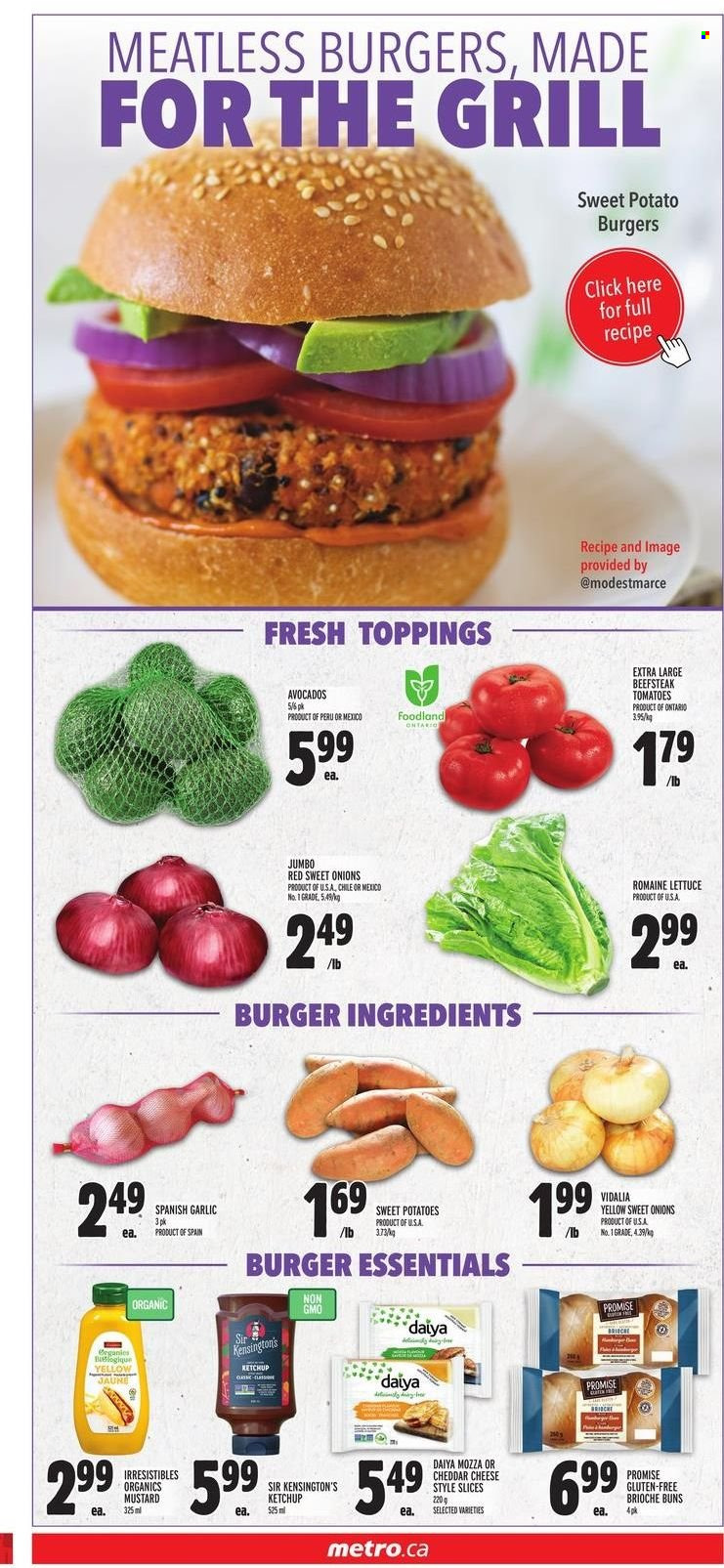 thumbnail - Metro Flyer - May 12, 2022 - May 18, 2022 - Sales products - buns, brioche, garlic, sweet potato, tomatoes, potatoes, avocado, hamburger, cheese, mustard, ketchup. Page 5.