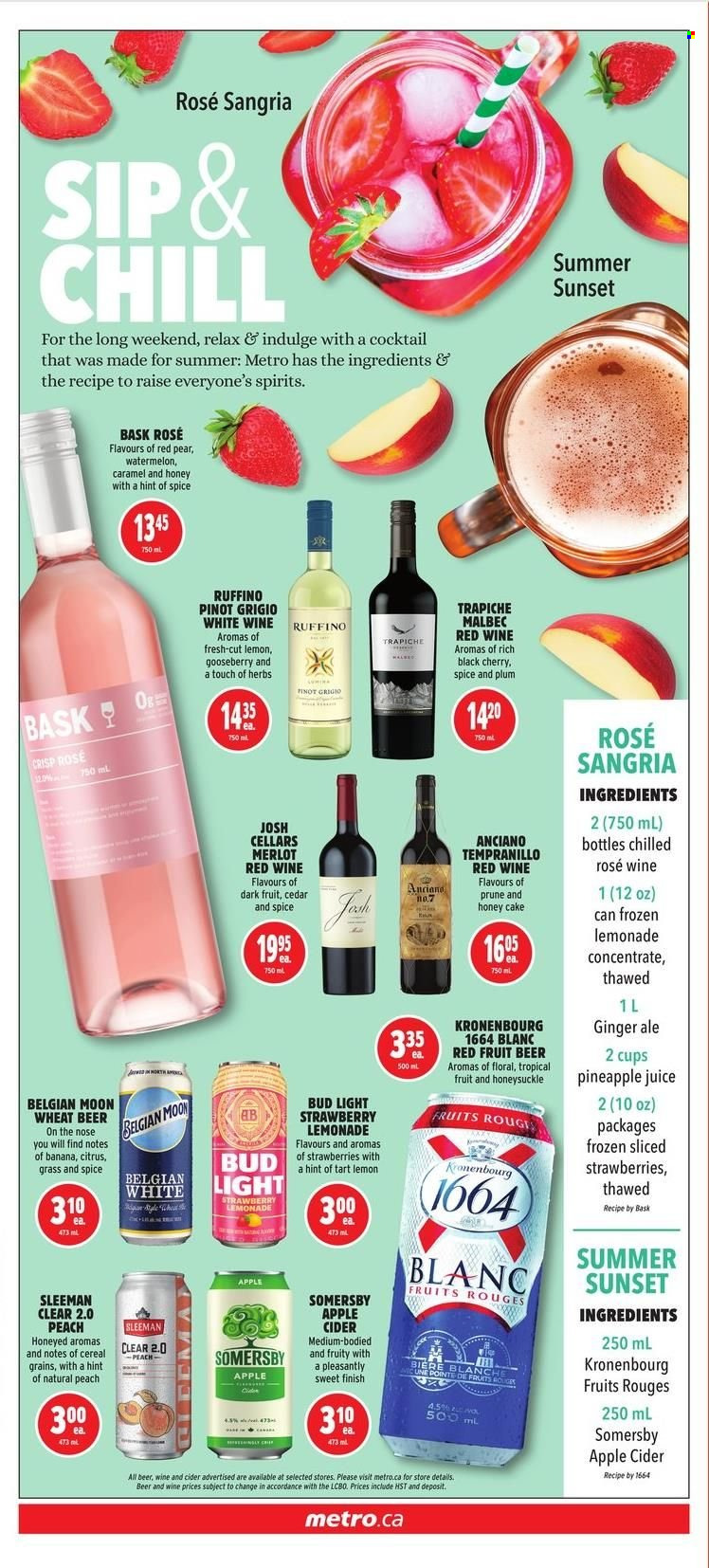 thumbnail - Metro Flyer - May 12, 2022 - May 18, 2022 - Sales products - cake, watermelon, pineapple, pears, cereals, spice, caramel, honey, ginger ale, pineapple juice, juice, wine, Merlot, Tempranillo, Pinot Grigio, rosé wine, apple cider, cider, beer, Bud Light. Page 12.