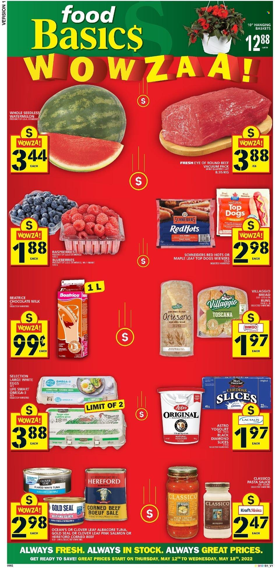 thumbnail - Food Basics Flyer - May 12, 2022 - May 18, 2022 - Sales products - bread, white bread, buns, blueberries, watermelon, salmon, pasta sauce, sauce, corned beef, cheddar, cheese, Clover, milk, eggs, milk chocolate, chocolate, Classico, beef meat, eye of round, basket, Omega-3. Page 1.
