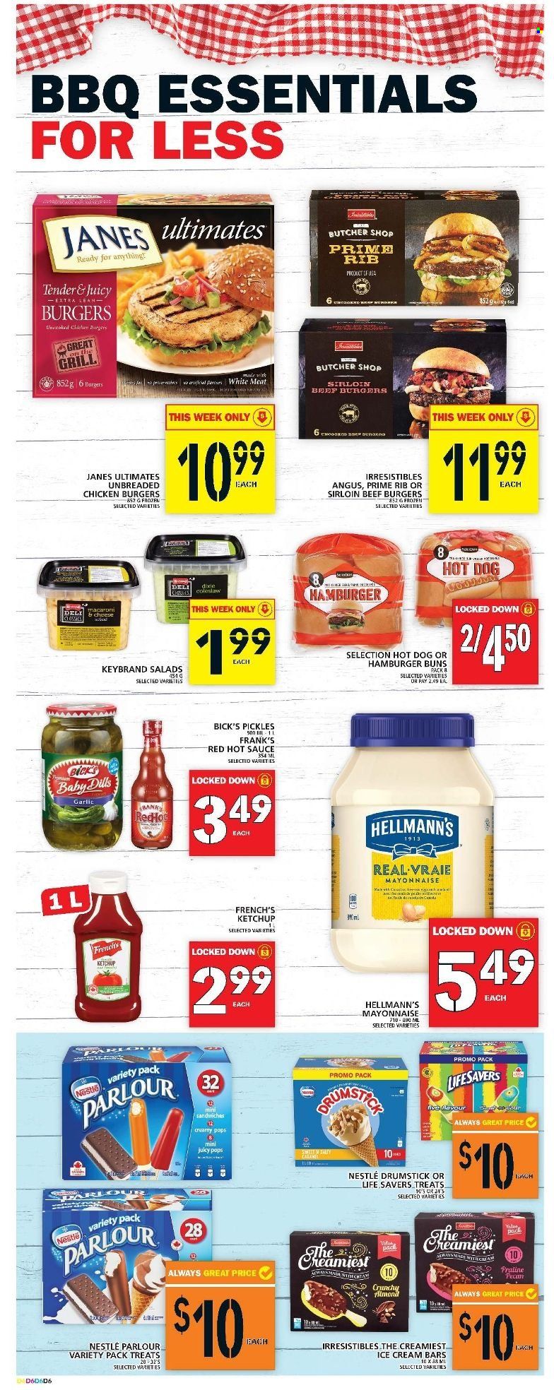 thumbnail - Food Basics Flyer - May 12, 2022 - May 18, 2022 - Sales products - buns, burger buns, garlic, coleslaw, hot dog, sandwich, macaroni, sauce, beef burger, mayonnaise, Hellmann’s, ice cream, ice cream bars, pickles, hot sauce, Nestlé, ketchup. Page 7.