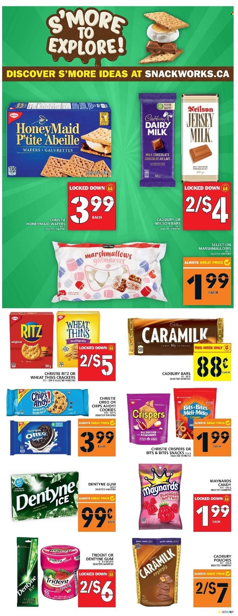 thumbnail - Food Basics Flyer - May 12, 2022 - May 18, 2022 - Sales products - cookies, marshmallows, milk chocolate, wafers, chocolate, snack, crackers, Cadbury, Trident, Chips Ahoy!, RITZ, chips, Thins. Page 8.