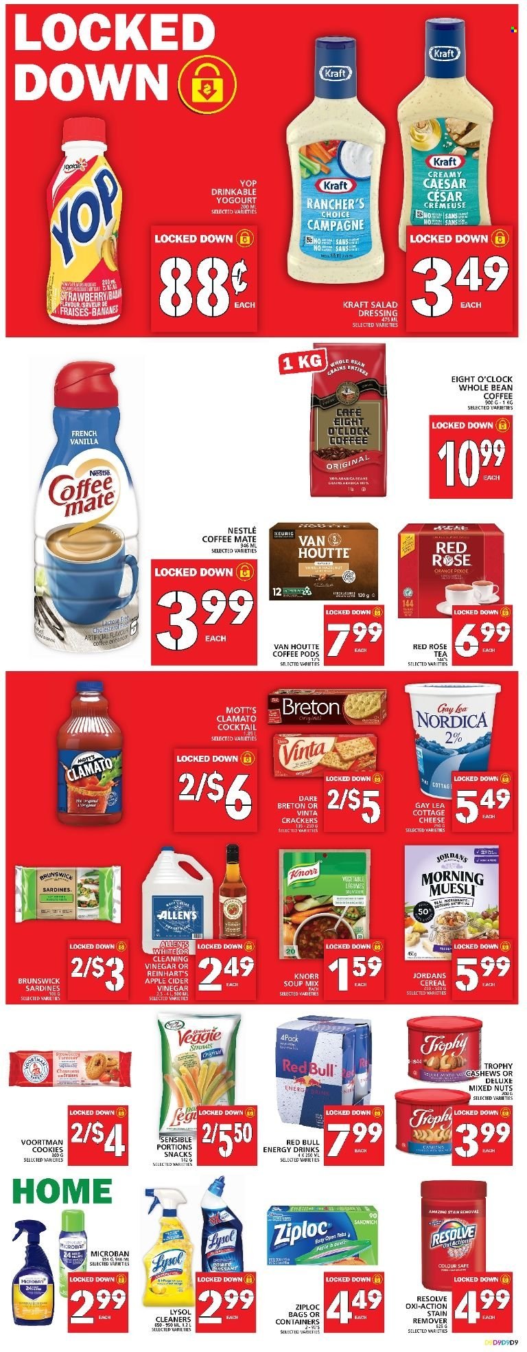 thumbnail - Food Basics Flyer - May 12, 2022 - May 18, 2022 - Sales products - salad, Mott's, sardines, sandwich, soup mix, soup, Kraft®, cottage cheese, Coffee-Mate, cookies, snack, crackers, cereals, muesli, dressing, apple cider vinegar, vinegar, cashews, mixed nuts, energy drink, Clamato, Red Bull, tea, coffee pods, Eight O'Clock, rosé wine, stain remover, Lysol, Ziploc, Nestlé, Knorr, oranges. Page 10.