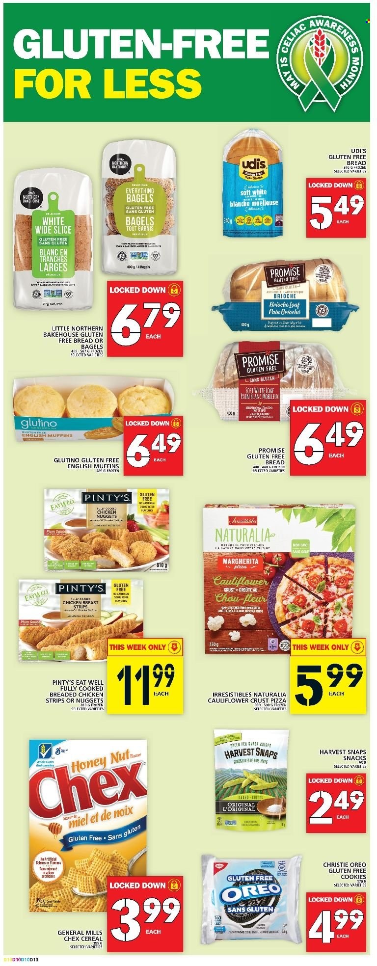 thumbnail - Food Basics Flyer - May 12, 2022 - May 18, 2022 - Sales products - bagels, bread, english muffins, brioche, pizza, nuggets, sauce, fried chicken, chicken nuggets, strips, chicken strips, cookies, snack, Harvest Snaps, cereals, chicken, pen, Oreo. Page 11.