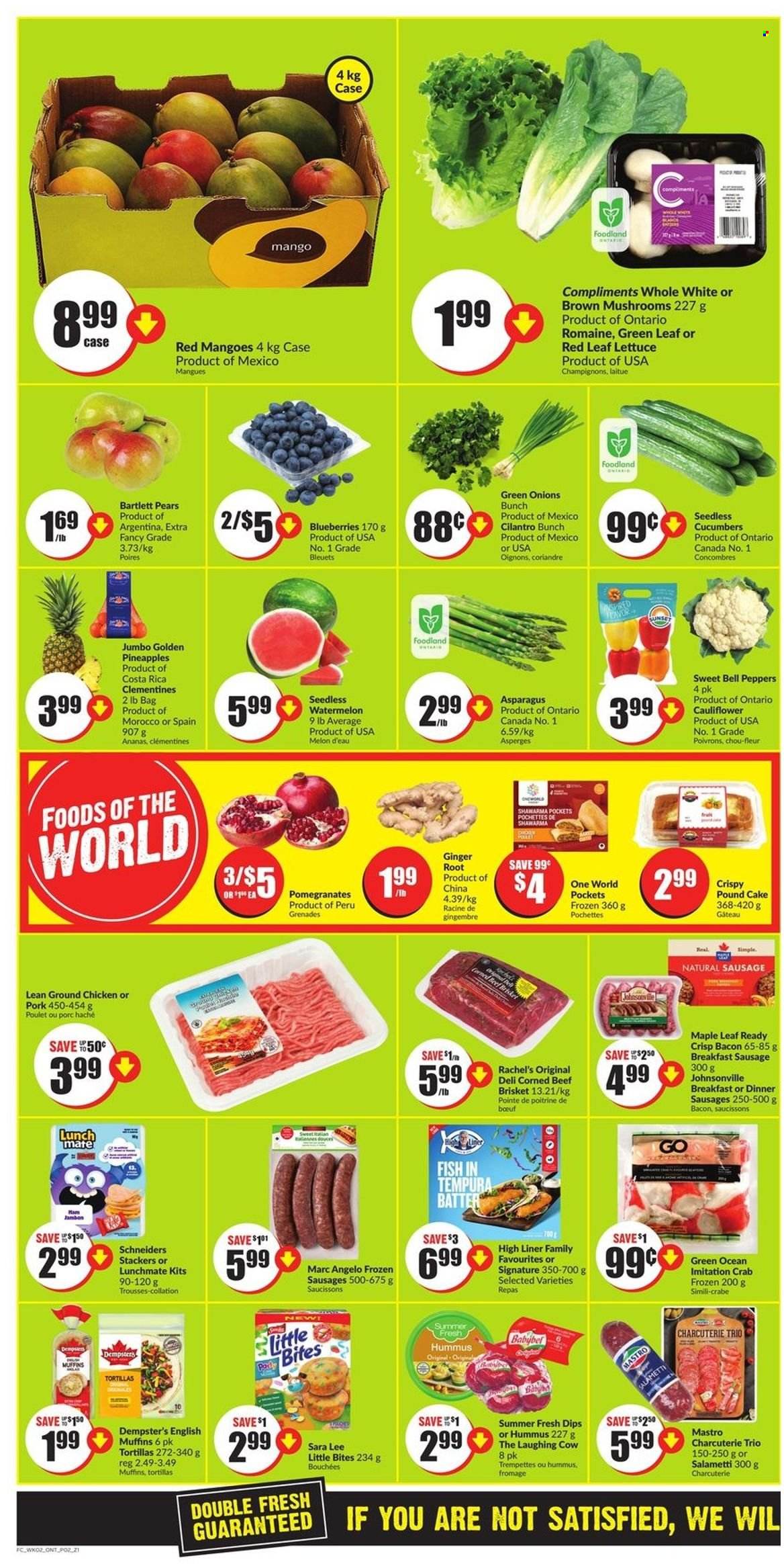 thumbnail - FreshCo. Flyer - May 12, 2022 - May 18, 2022 - Sales products - mushrooms, english muffins, tortillas, cake, Sara Lee, pound cake, asparagus, bell peppers, cauliflower, cucumber, ginger, lettuce, peppers, green onion, Bartlett pears, blueberries, clementines, mango, watermelon, pineapple, pears, melons, pomegranate, crab, fish, bacon, ham, Johnsonville, sausage, hummus, corned beef, The Laughing Cow, Little Bites, cilantro, ground chicken, chicken, beef meat, beef brisket. Page 2.