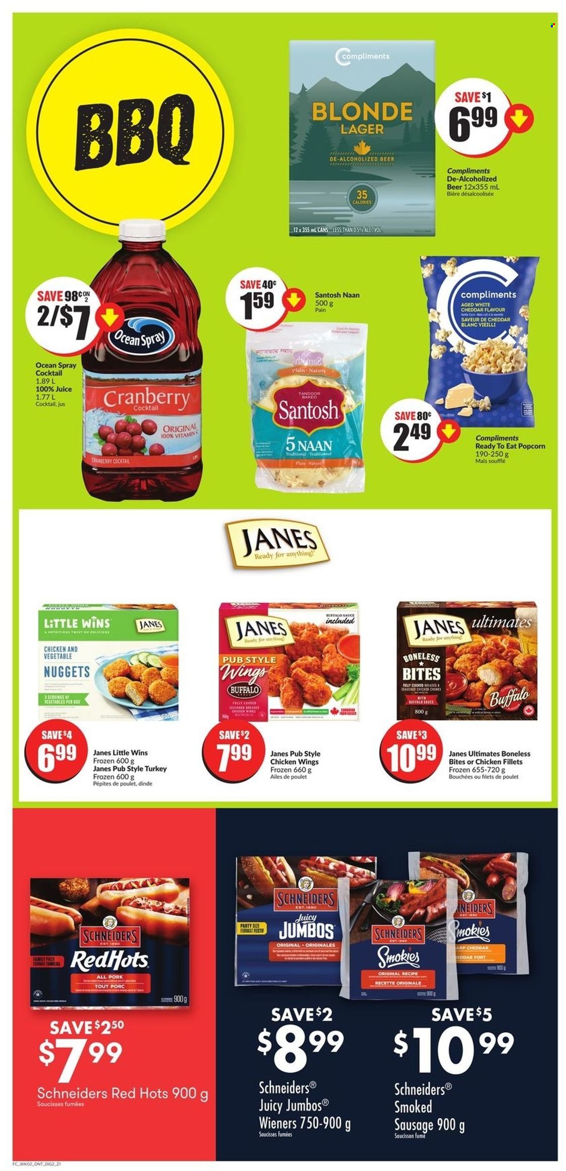 thumbnail - FreshCo. Flyer - May 12, 2022 - May 18, 2022 - Sales products - nuggets, sauce, sausage, cheddar, cheese, chicken wings, popcorn, juice, beer, Lager. Page 6.