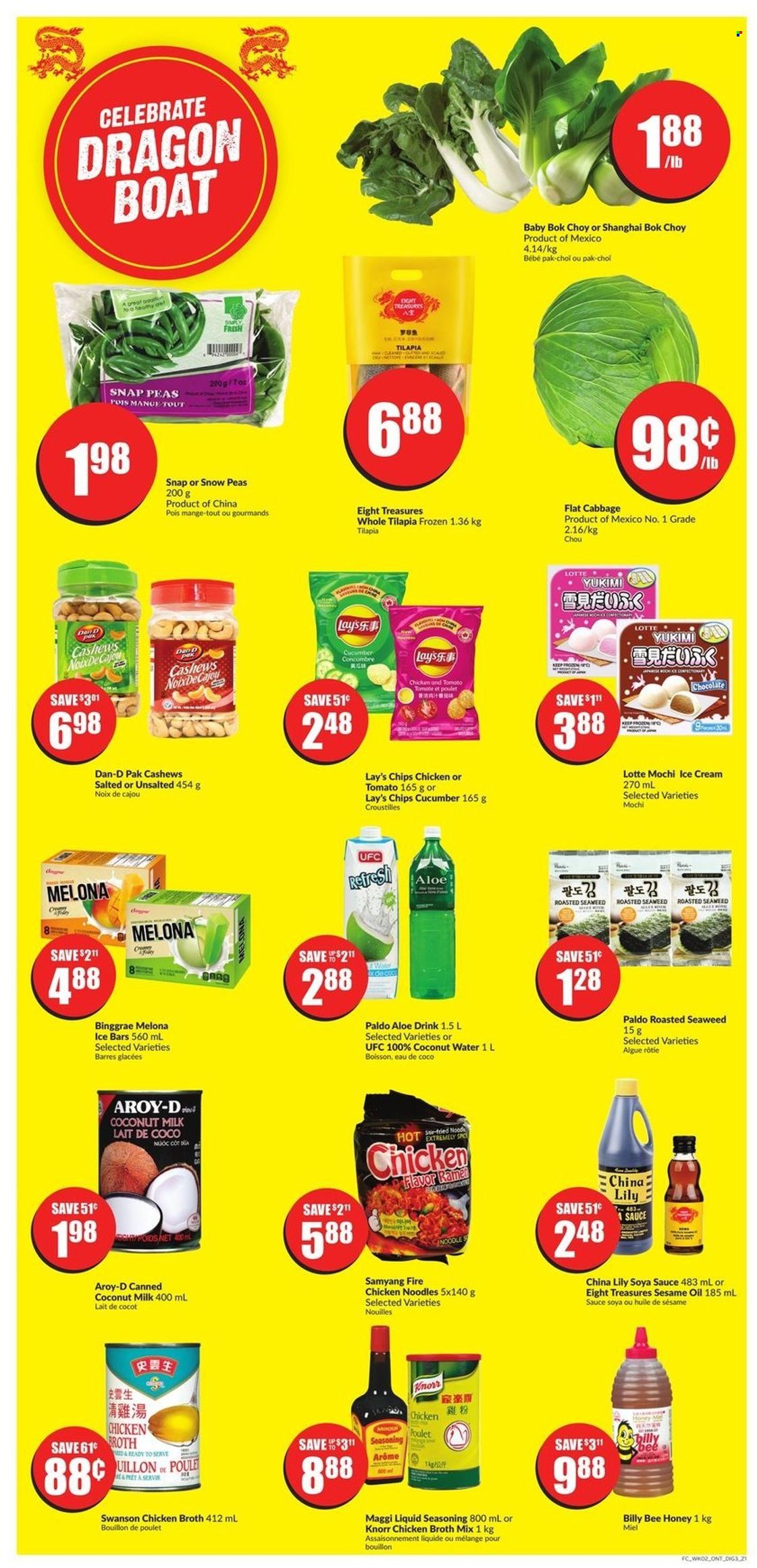 thumbnail - FreshCo. Flyer - May 12, 2022 - May 18, 2022 - Sales products - bok choy, cabbage, peas, tilapia, sauce, noodles, ice cream, snap peas, snow peas, Lay’s, bouillon, chicken broth, seaweed, Maggi, broth, coconut milk, Dan-D Pak, spice, soy sauce, sesame oil, oil, honey, cashews, coconut water, Knorr, flat cabbage. Page 7.