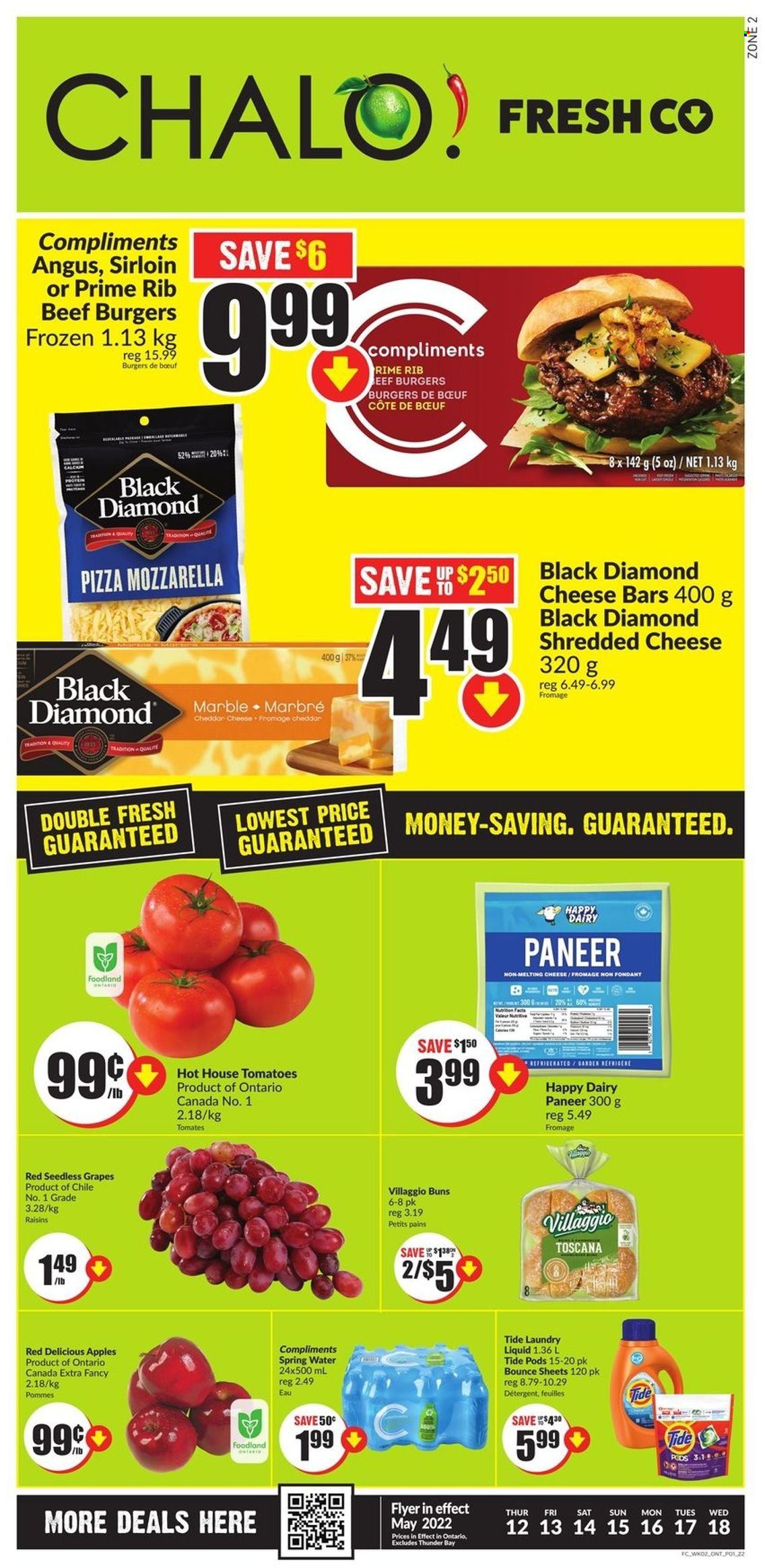 thumbnail - Chalo! FreshCo. Flyer - May 12, 2022 - May 18, 2022 - Sales products - buns, apples, grapes, Red Delicious apples, seedless grapes, pizza, hamburger, beef burger, shredded cheese, paneer, dried fruit, spring water, detergent, raisins. Page 1.