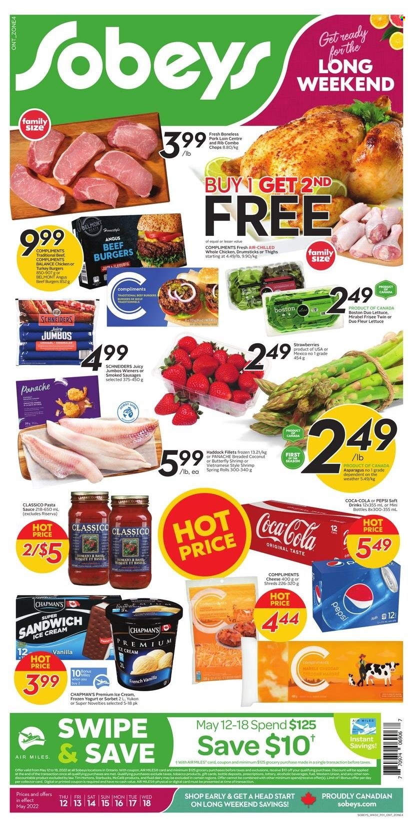 thumbnail - Sobeys Flyer - May 12, 2022 - May 18, 2022 - Sales products - asparagus, lettuce, strawberries, haddock, shrimps, pasta sauce, sandwich, hamburger, sauce, spring rolls, beef burger, cheese, yoghurt, ice cream, Classico, Coca-Cola, Pepsi, soft drink, Starbucks, McCafe, whole chicken, chicken, beef meat, turkey burger, pork loin, pork meat. Page 1.