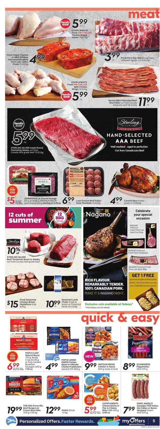 thumbnail - Sobeys Flyer - May 12, 2022 - May 18, 2022 - Sales products - meatballs, hamburger, beef burger, bacon, Johnsonville, sausage, chicken wings, cheese sticks, herbs, whiskey, whisky, chicken breasts, chicken, beef meat, beef ribs, ground beef, beef tenderloin, marinated beef, pork loin, pork meat, pork tenderloin, lamb chops, lamb meat, steak. Page 5.