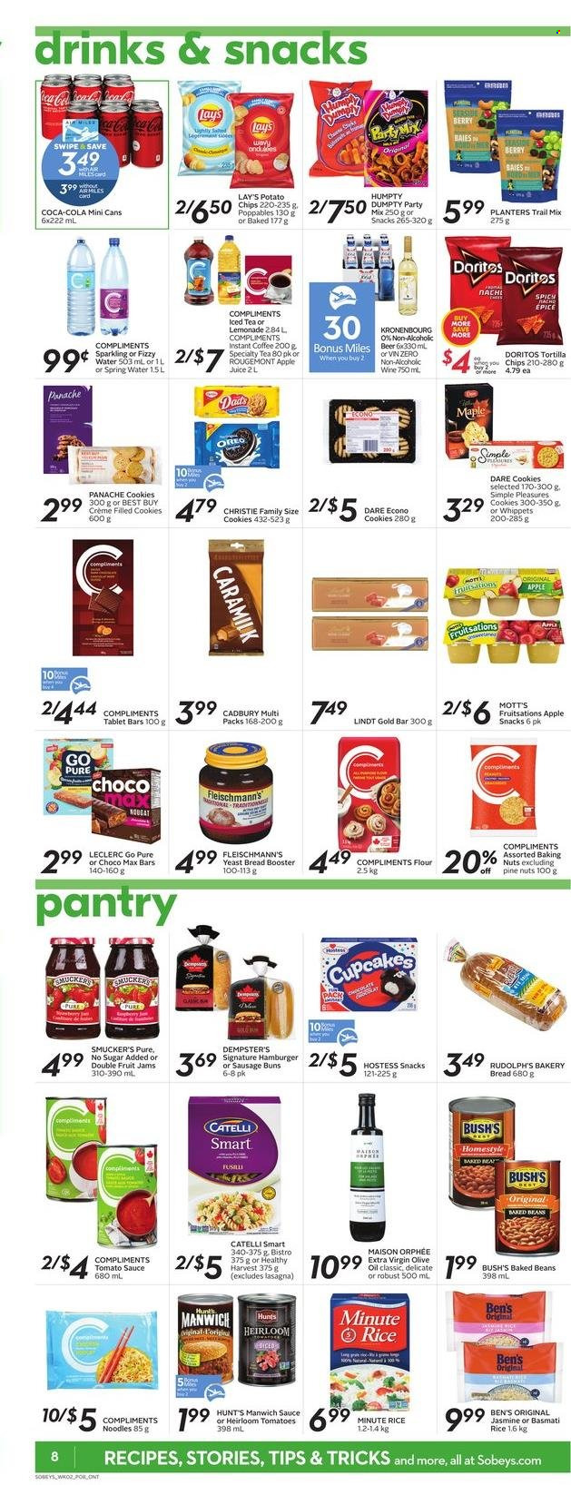 thumbnail - Sobeys Flyer - May 12, 2022 - May 18, 2022 - Sales products - bread, tortillas, buns, cupcake, Mott's, hamburger, sauce, noodles, sausage, yeast, cookies, Cadbury, Doritos, potato chips, chips, Lay’s, tomato sauce, baked beans, Manwich, basmati rice, rice, extra virgin olive oil, olive oil, oil, pine nuts, Planters, trail mix, apple juice, Coca-Cola, lemonade, juice, ice tea, spring water, instant coffee, beer, Oreo, Lindt. Page 8.