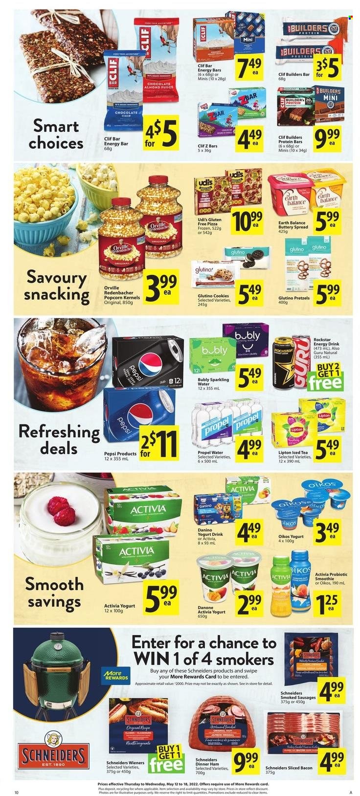 thumbnail - Save-On-Foods Flyer - May 12, 2022 - May 18, 2022 - Sales products - pretzels, pizza, bacon, ham, sausage, yoghurt, Activia, Oikos, yoghurt drink, buttery spread, cookies, fudge, popcorn, sugar, protein bar, energy bar, Pepsi, energy drink, ice tea, Rockstar, smoothie, sparkling water, Danone, Lipton. Page 10.