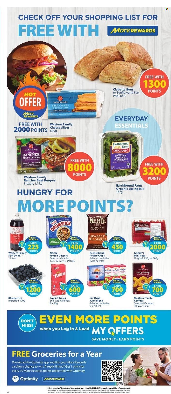 thumbnail - Save-On-Foods Flyer - May 12, 2022 - May 18, 2022 - Sales products - buns, peas, blueberries, hamburger, beef burger, sliced cheese, cheese, Yoplait, cookies, potato chips, juice, soft drink, ciabatta, Nestlé. Page 14.