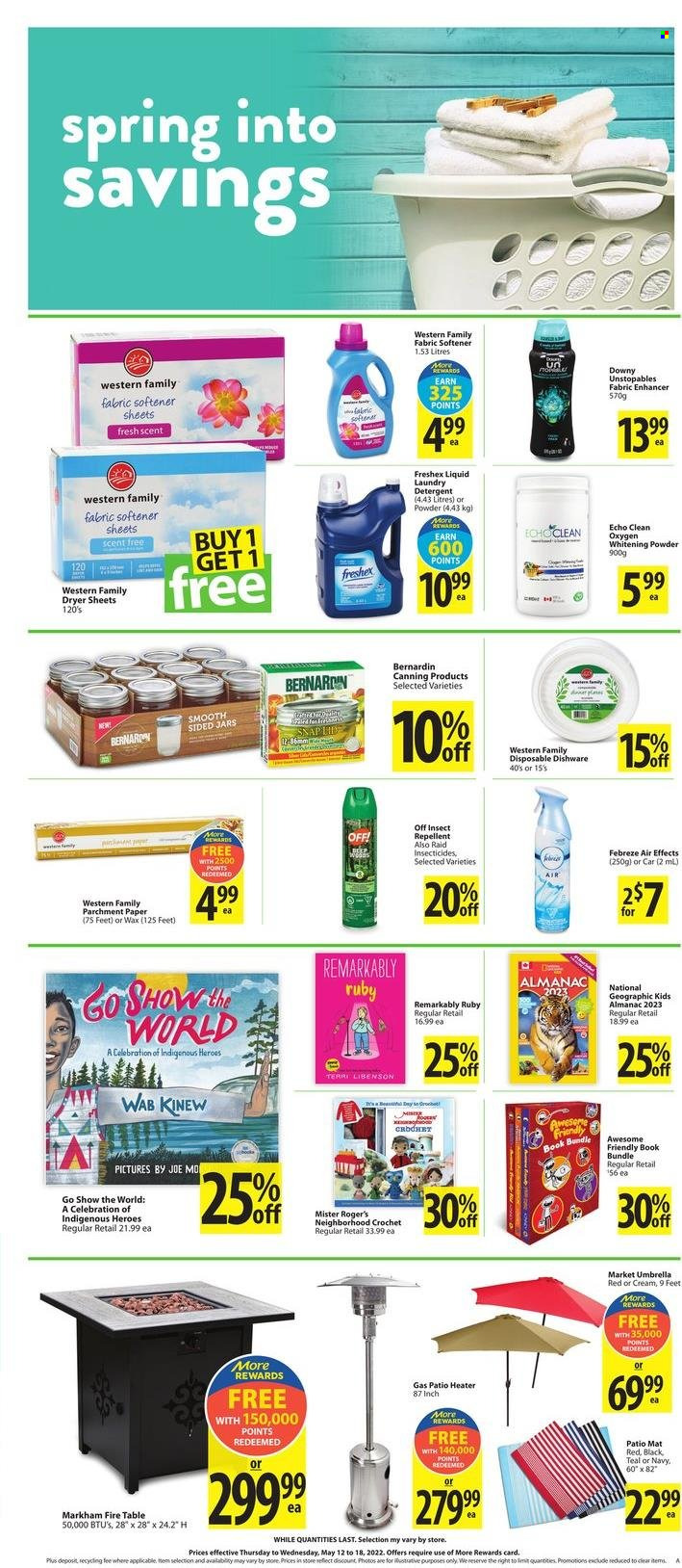 thumbnail - Save-On-Foods Flyer - May 12, 2022 - May 18, 2022 - Sales products - Celebration, Febreze, Unstopables, fabric softener, laundry detergent, whitening powder, dryer sheets, jar, detergent. Page 15.