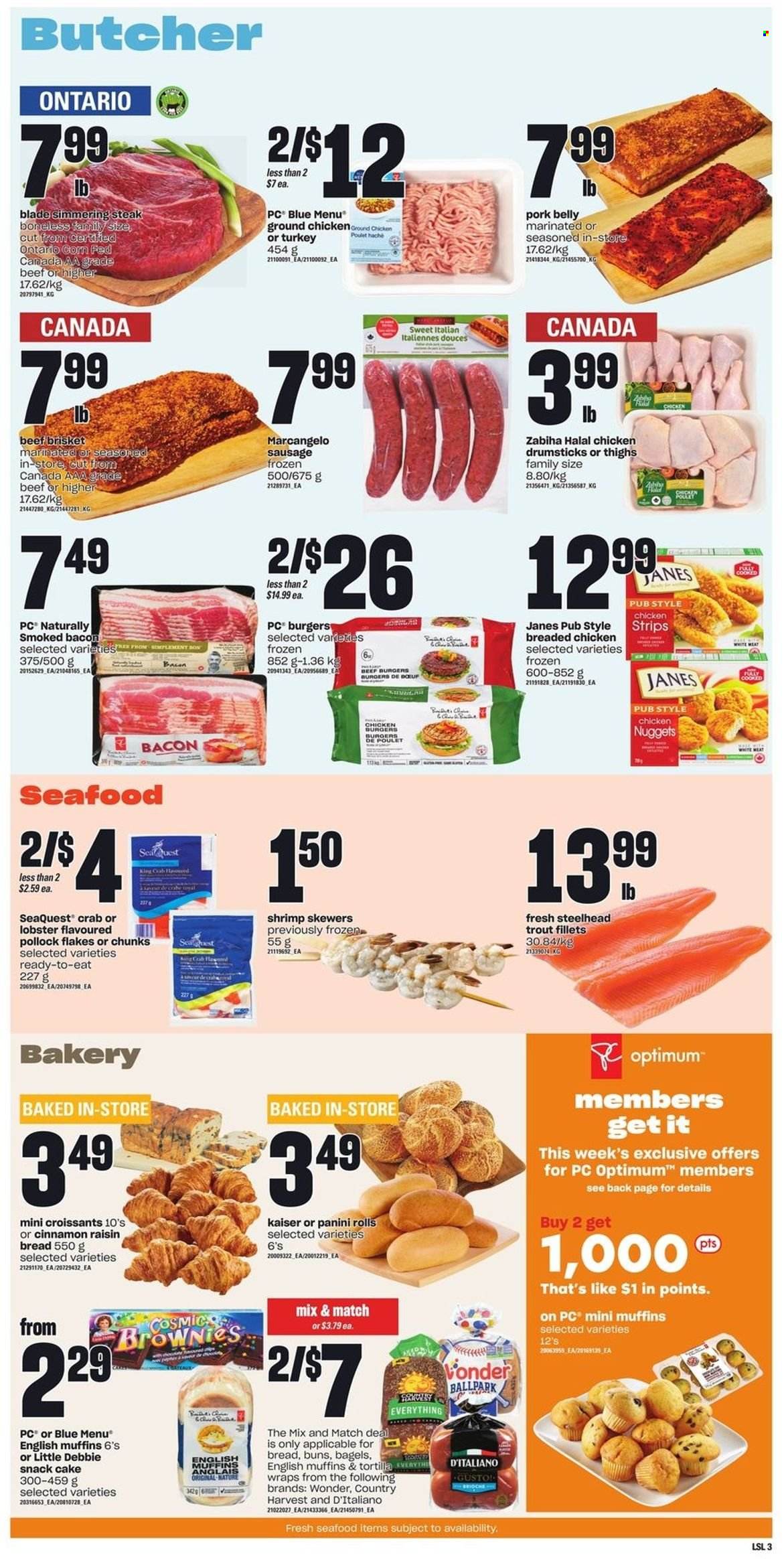 thumbnail - Loblaws Flyer - May 12, 2022 - May 18, 2022 - Sales products - bagels, english muffins, tortillas, croissant, panini, buns, wraps, brownies, lobster, trout, pollock, seafood, crab, shrimps, nuggets, hamburger, fried chicken, beef burger, bacon, sausage, Country Harvest, strips, snack, snack cake, chicken drumsticks, chicken, beef meat, beef brisket, pork belly, pork meat, Optimum, steak. Page 4.