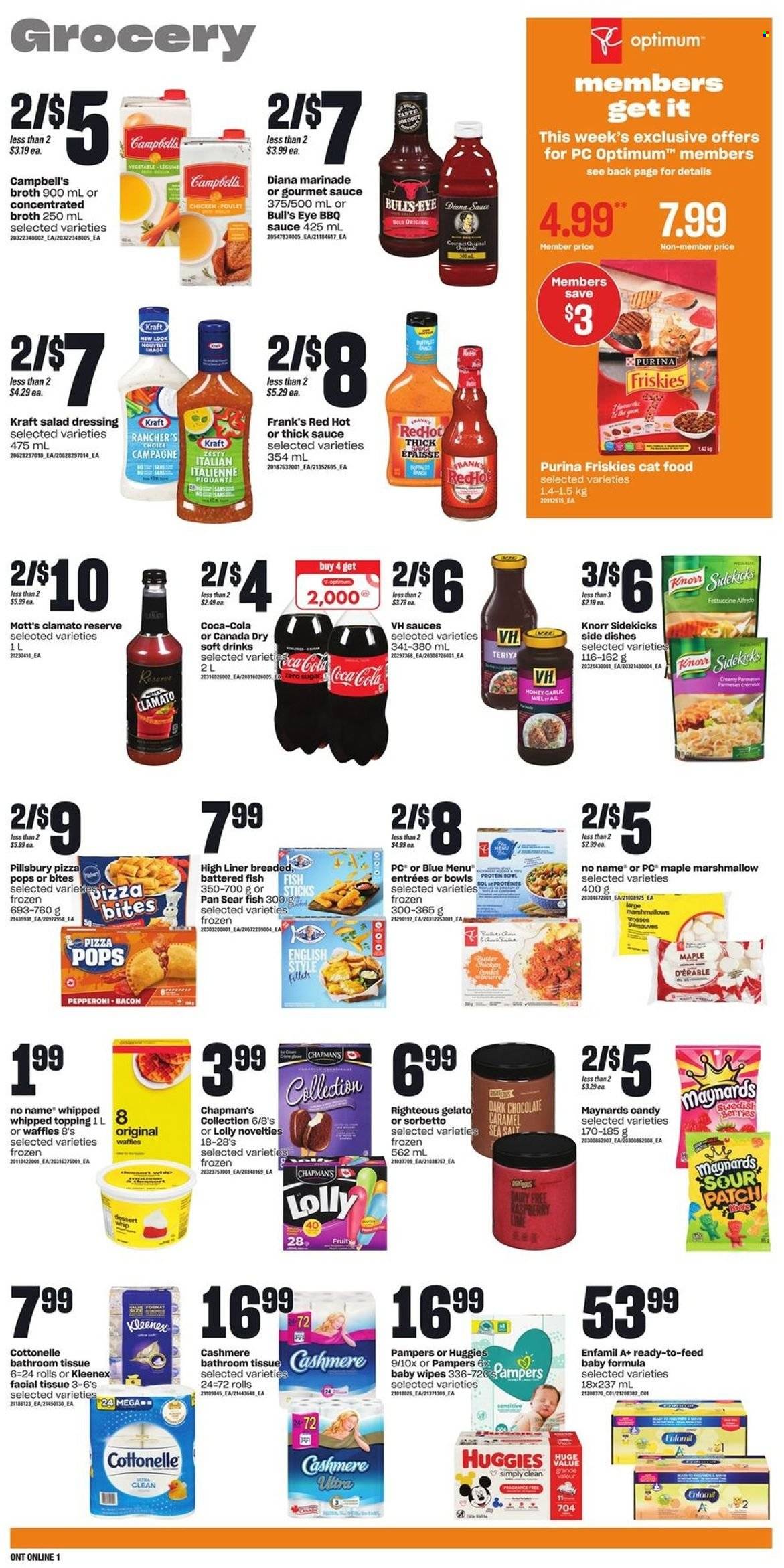thumbnail - Loblaws Flyer - May 12, 2022 - May 18, 2022 - Sales products - waffles, Mott's, fish, No Name, Campbell's, pizza, Pillsbury, Kraft®, bacon, pepperoni, parmesan, butter, gelato, marshmallows, chocolate, lollipop, dark chocolate, sugar, topping, broth, BBQ sauce, caramel, salad dressing, dressing, marinade, honey, Canada Dry, Coca-Cola, Clamato, soft drink, Enfamil, wipes, baby wipes, bath tissue, Cottonelle, Kleenex, animal food, cat food, Purina, Optimum, Friskies, Huggies, Pampers, Knorr. Page 5.