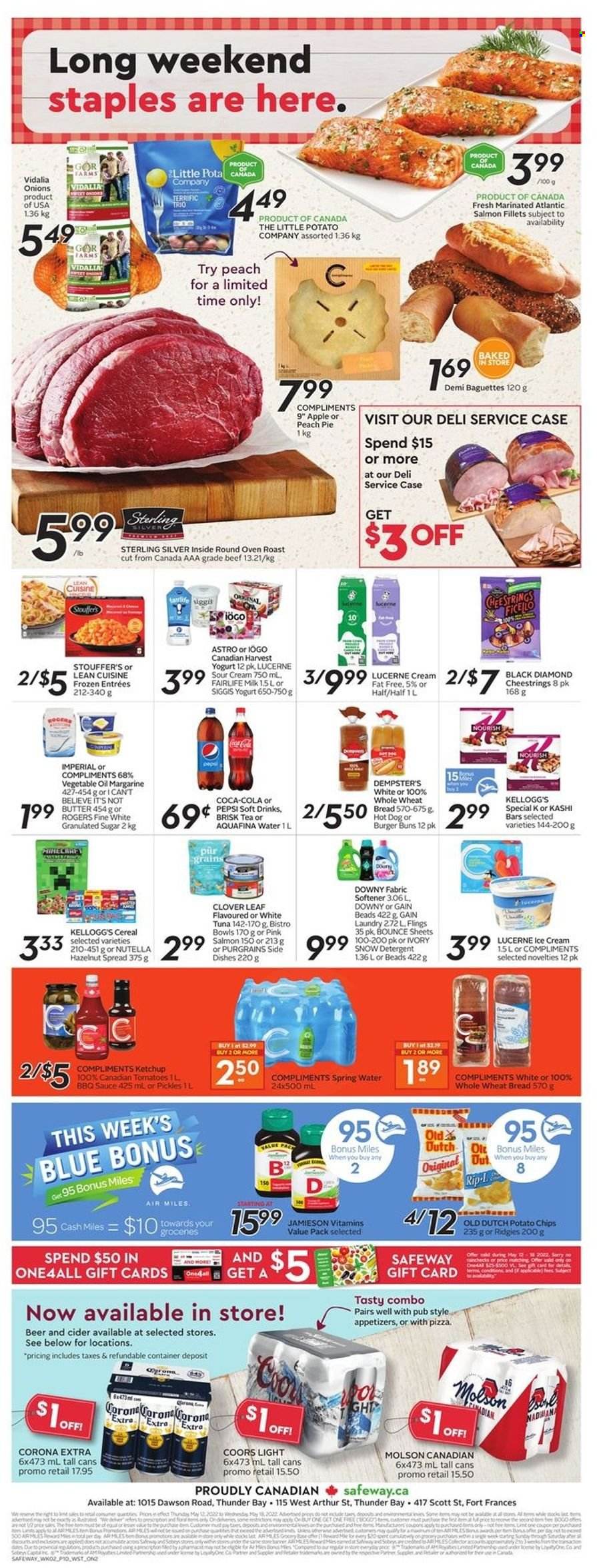 thumbnail - Safeway Flyer - May 12, 2022 - May 18, 2022 - Sales products - wheat bread, pie, burger buns, onion, salmon, salmon fillet, tuna, hot dog, pizza, sauce, Lean Cuisine, string cheese, yoghurt, Clover, milk, butter, margarine, sour cream, ice cream, Stouffer's, Kellogg's, potato chips, granulated sugar, sugar, pickles, cereals, BBQ sauce, vegetable oil, oil, hazelnut spread, Coca-Cola, Pepsi, soft drink, Aquafina, spring water, tea, L'Or, cider, beer, Corona Extra, Scott, Gain, fabric softener, Bounce, Downy Laundry, baguette, detergent, ketchup, Nutella, Coors. Page 2.