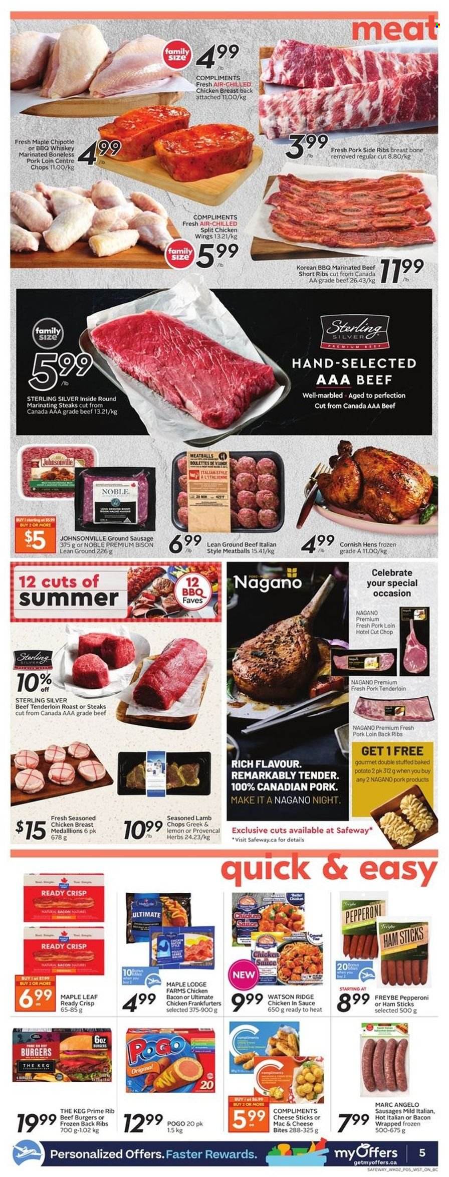 thumbnail - Safeway Flyer - May 12, 2022 - May 18, 2022 - Sales products - meatballs, hamburger, beef burger, bacon, Johnsonville, sausage, pepperoni, chicken wings, cheese sticks, herbs, whiskey, whisky, chicken breasts, chicken, beef meat, beef ribs, ground beef, beef tenderloin, marinated beef, pork loin, pork meat, pork tenderloin, lamb chops, lamb meat, steak. Page 6.