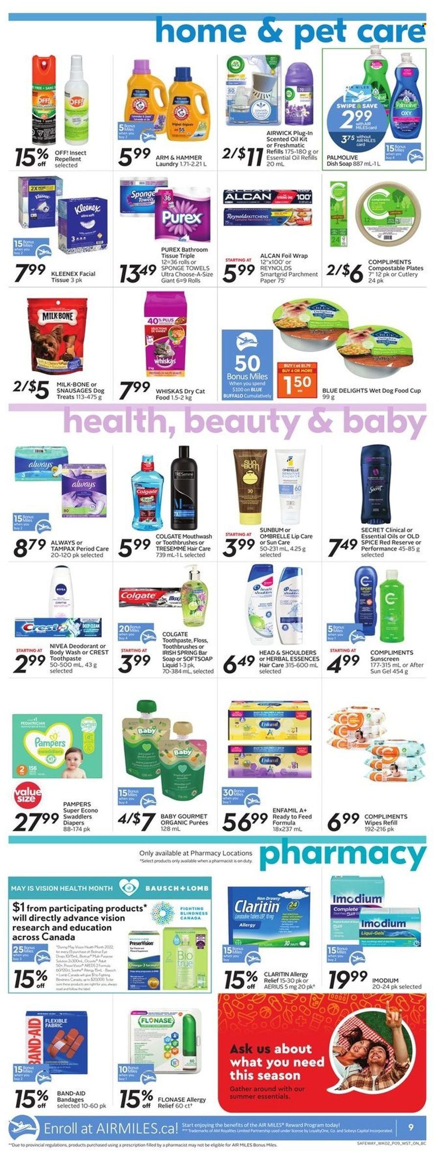 thumbnail - Safeway Flyer - May 12, 2022 - May 18, 2022 - Sales products - milk, ARM & HAMMER, spice, Enfamil, wipes, nappies, Nivea, bath tissue, Kleenex, Purex, body wash, Softsoap, Palmolive, soap bar, soap, toothpaste, mouthwash, Crest, TRESemmé, Herbal Essences, anti-perspirant, repellent, animal food, Blue Buffalo, cat food, dog food, wet dog food, dry cat food, Biotrue, allergy relief, band-aid, Colgate, Tampax, Head & Shoulders, Imodium, Pampers, Old Spice, Whiskas, deodorant. Page 10.