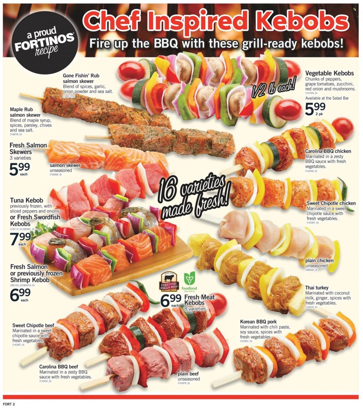 thumbnail - Fortinos Flyer - May 12, 2022 - May 18, 2022 - Sales products - garlic, ginger, zucchini, parsley, chives, salmon, swordfish, tuna, shrimps, milk, sea salt, onion powder, BBQ sauce, soy sauce, maple syrup, syrup, beef meat, grill. Page 3.