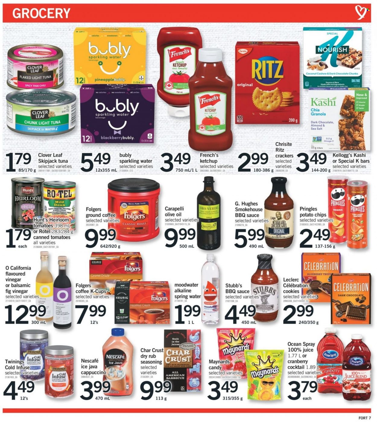 thumbnail - Fortinos Flyer - May 12, 2022 - May 18, 2022 - Sales products - tomatoes, coconut, tuna, Clover, cookies, chocolate, Celebration, crackers, Kellogg's, dark chocolate, RITZ, potato chips, Pringles, chips, light tuna, spice, BBQ sauce, olive oil, oil, juice, spring water, sparkling water, Twinings, coffee, Folgers, ground coffee, coffee capsules, K-Cups, Keurig, hat, grill, Omega-3, granola, ketchup, Nescafé. Page 9.