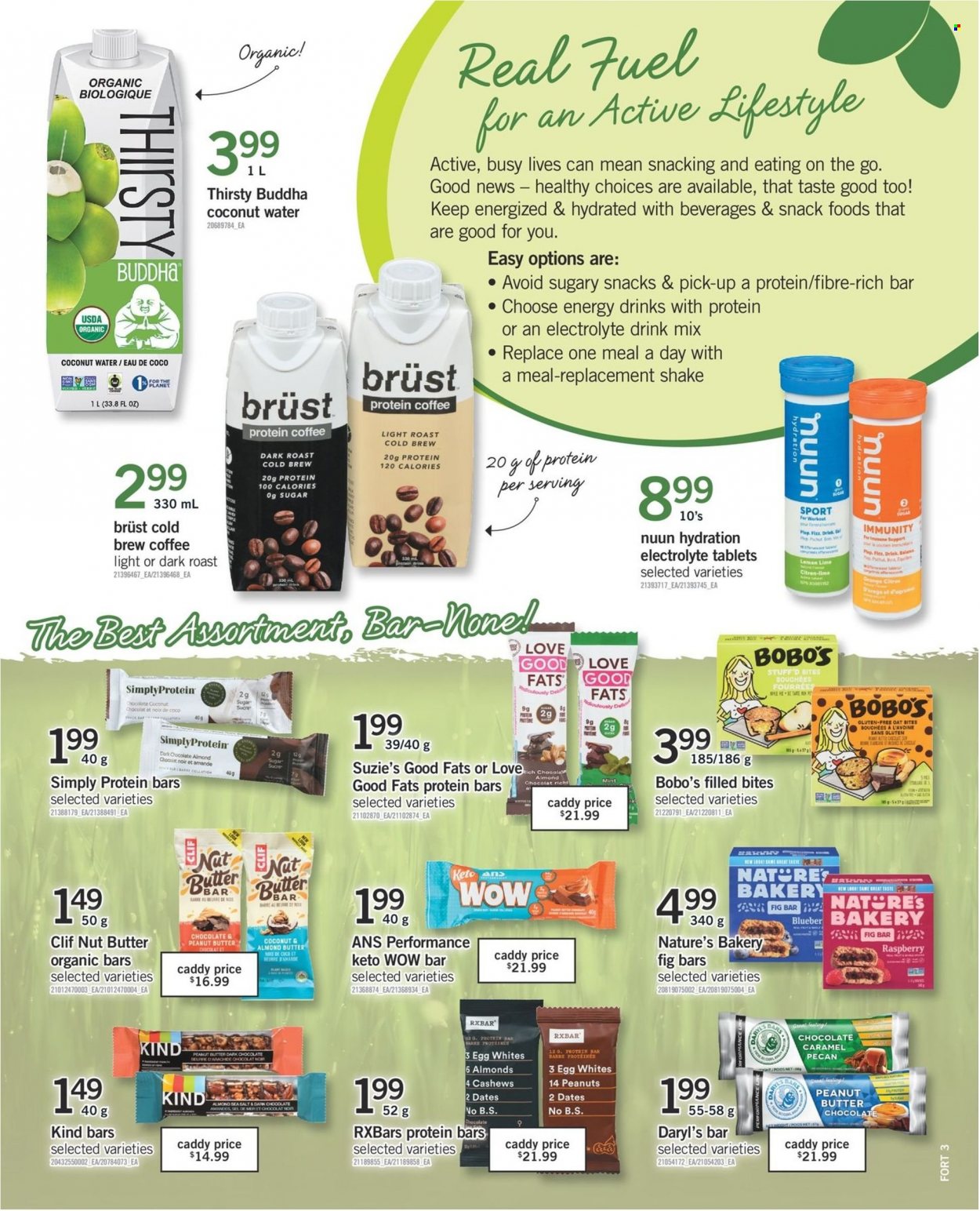 thumbnail - Fortinos Flyer - May 12, 2022 - May 18, 2022 - Sales products - shake, eggs, almond butter, chocolate, snack, protein bar, oat bites, caramel, peanut butter, nut butter, peanuts, energy drink, coconut water, coffee, hat, oranges. Page 12.
