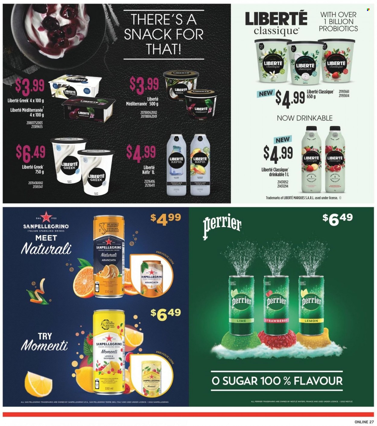 thumbnail - Fortinos Flyer - May 12, 2022 - May 18, 2022 - Sales products - kefir, snack, sugar, juice, fruit juice, Perrier, San Pellegrino, probiotics, Nestlé, oranges. Page 26.