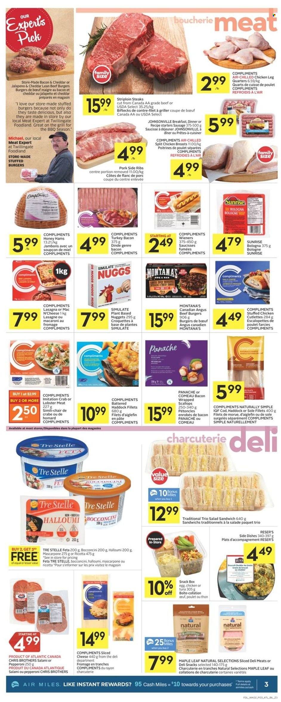 thumbnail - Co-op Flyer - May 12, 2022 - May 18, 2022 - Sales products - bacon wrapped scallops, cod, lobster, scallops, tuna, haddock, crab, macaroni, nuggets, hamburger, beef burger, lasagna meal, stuffed chicken, bacon, salami, turkey bacon, bologna sausage, Johnsonville, sausage, pepperoni, bocconcini, sliced cheese, halloumi, cheese, feta, eggs, potato croquettes, snack, honey, BROTHERS, chicken breasts, chicken legs, beef meat, striploin steak, mascarpone, ricotta, steak. Page 3.