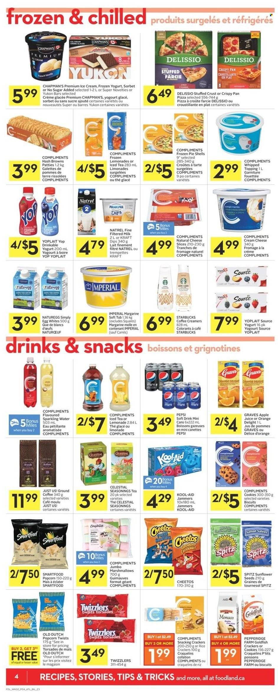 thumbnail - Co-op Flyer - May 12, 2022 - May 18, 2022 - Sales products - pie, pizza, Kraft®, sliced cheese, yoghurt, Yoplait, milk, eggs, margarine, ice cream, hash browns, cookies, marshmallows, crackers, biscuit, Cheetos, Smartfood, popcorn, rice crackers, Goldfish, topping, sunflower seeds, apple juice, lemonade, Pepsi, juice, ice tea, soft drink, sparkling water, coffee, ground coffee, Starbucks, oranges. Page 4.