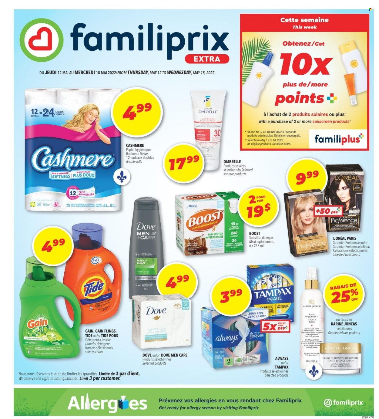 thumbnail - Familiprix Extra Flyer - May 12, 2022 - May 18, 2022 - Sales products - chocolate, Boost, bath tissue, Gain, Tide, laundry detergent, L’Oréal, detergent, Dove, Nestlé, Tampax. Page 1.