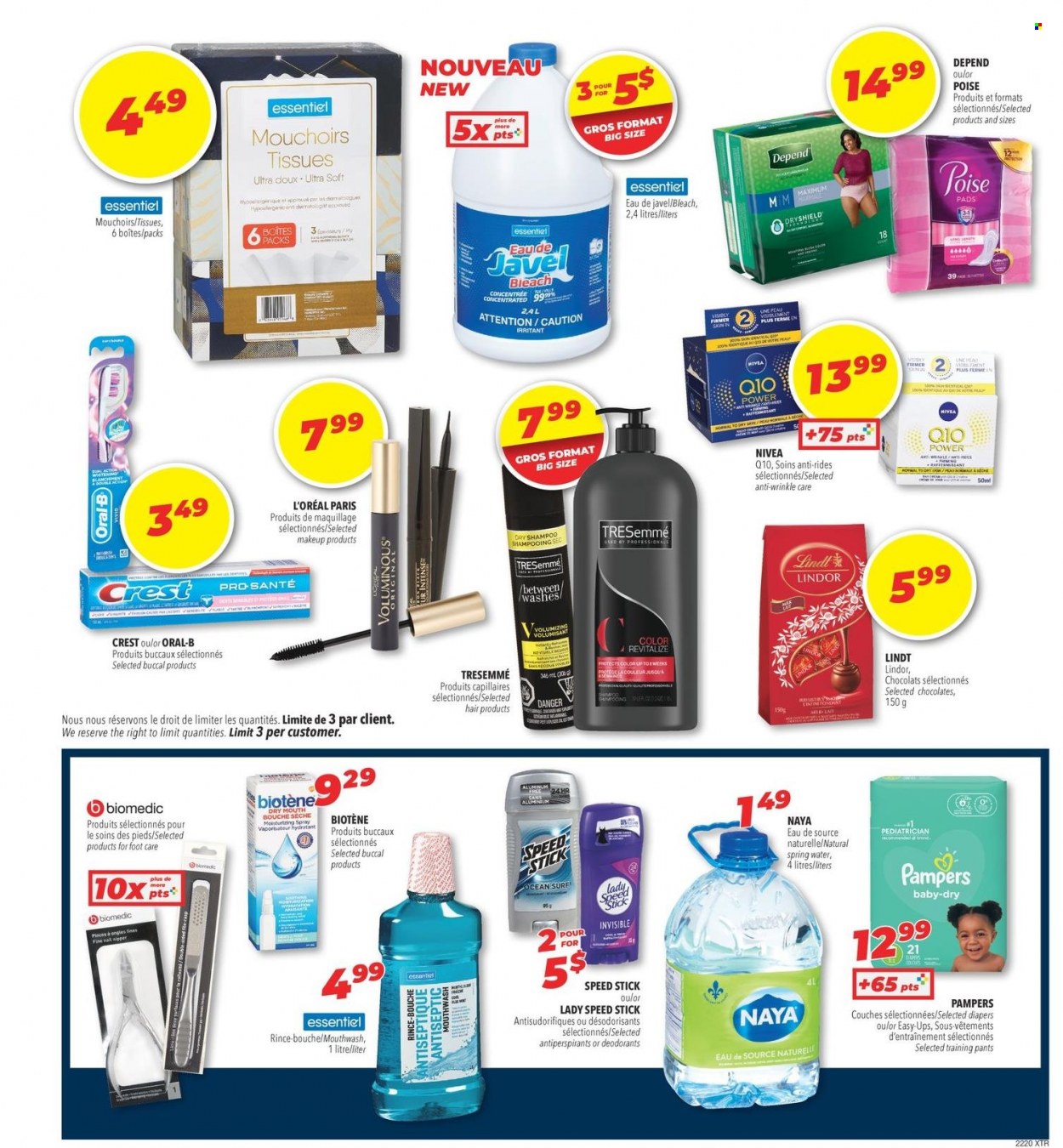 thumbnail - Familiprix Extra Flyer - May 12, 2022 - May 18, 2022 - Sales products - chocolate, spring water, pants, nappies, baby pants, Nivea, tissues, bleach, Biotene, mouthwash, Crest, L’Oréal, TRESemmé, Speed Stick, foot care, makeup, shampoo, Pampers, Oral-B, Lindt, Lindor, deodorant. Page 3.