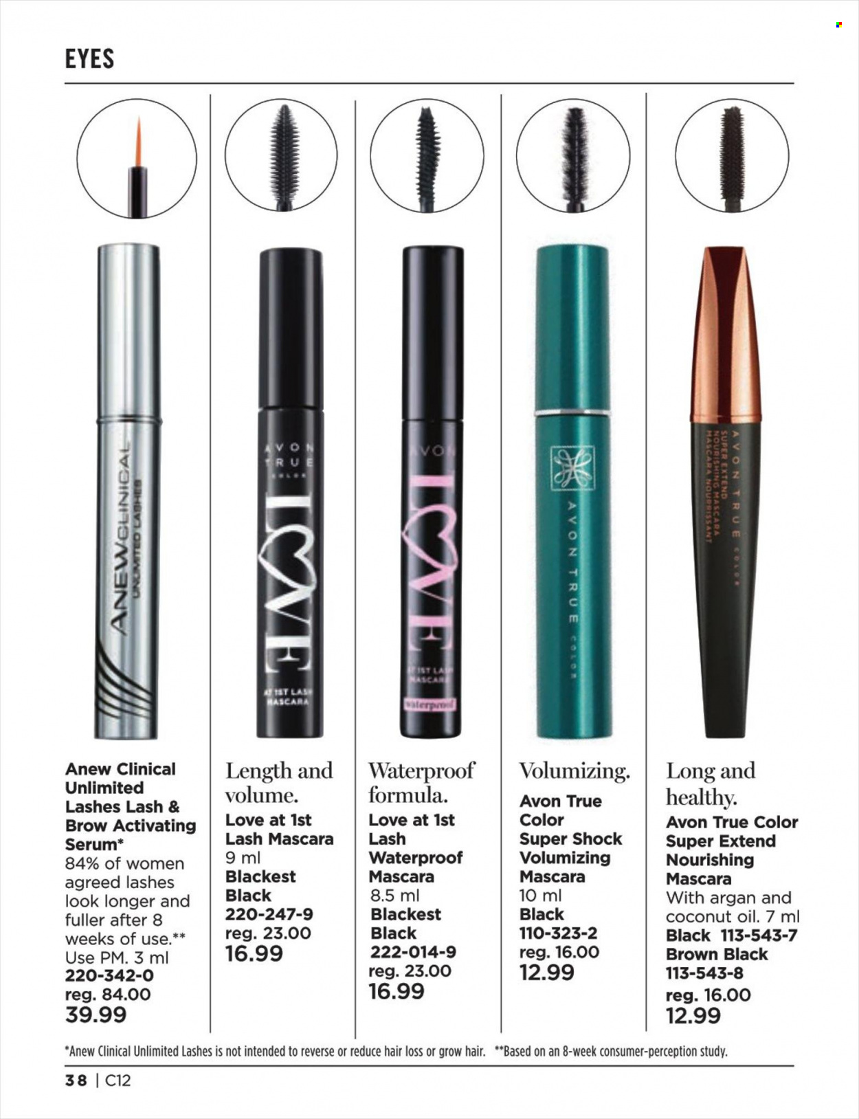 thumbnail - Avon Flyer - Sales products - Avon, Anew, coconut oil, serum, True Color, mascara, waterproof mascara. Page 38.