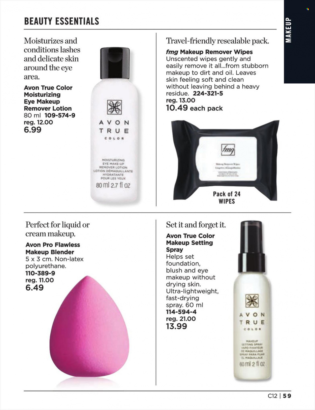 thumbnail - Avon Flyer - Sales products - wipes, Avon, True Color, body lotion, makeup remover, setting spray. Page 59.
