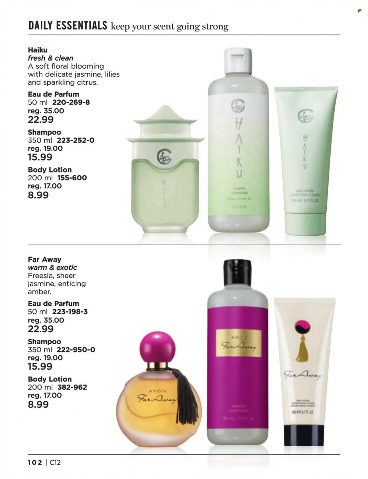 thumbnail - Circulaire Avon - Produits soldés - shampooing, lotion pour le corps, eau de parfum, Far Away. Page 102.