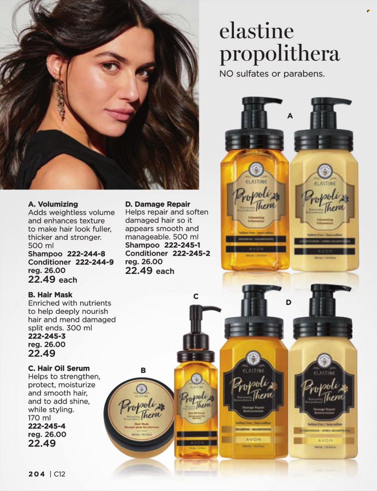 thumbnail - Avon Flyer - Sales products - Avon, serum, conditioner, hair oil, hair mask, shampoo. Page 204.