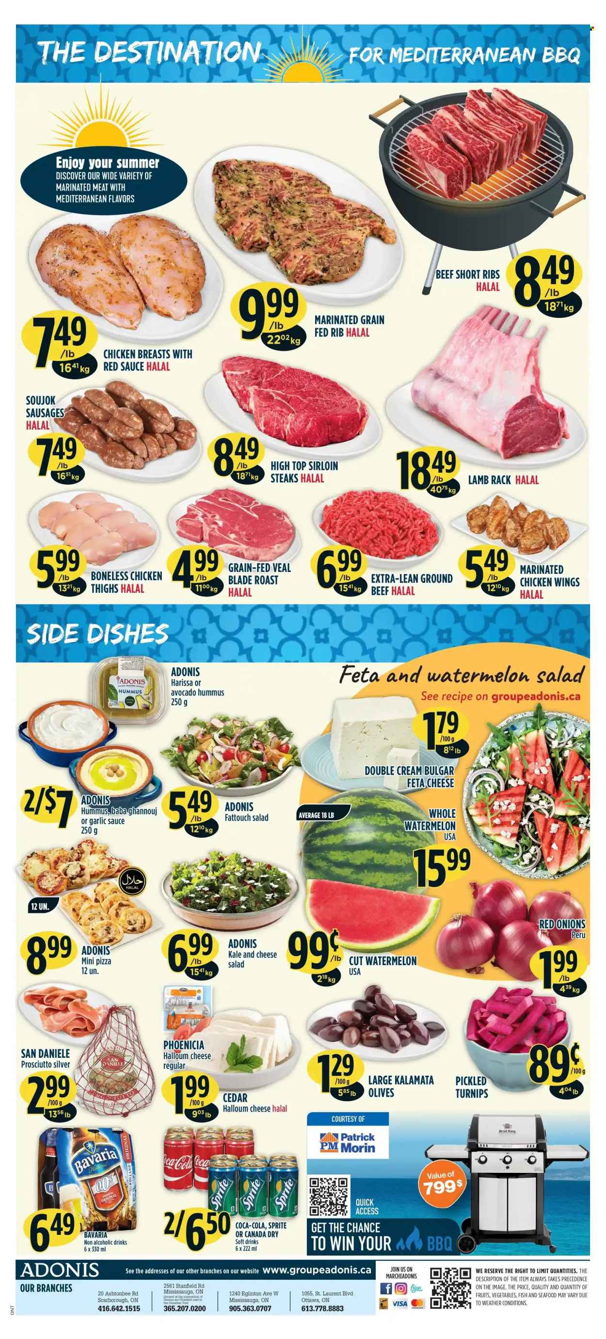 thumbnail - Adonis Flyer - May 12, 2022 - May 18, 2022 - Sales products - red onions, kale, onion, watermelon, seafood, pizza, sauce, prosciutto, sausage, hummus, feta, chicken wings, garlic sauce, Canada Dry, Coca-Cola, Sprite, soft drink, chicken breasts, marinated chicken, beef ribs, turnips, olives, steak. Page 2.