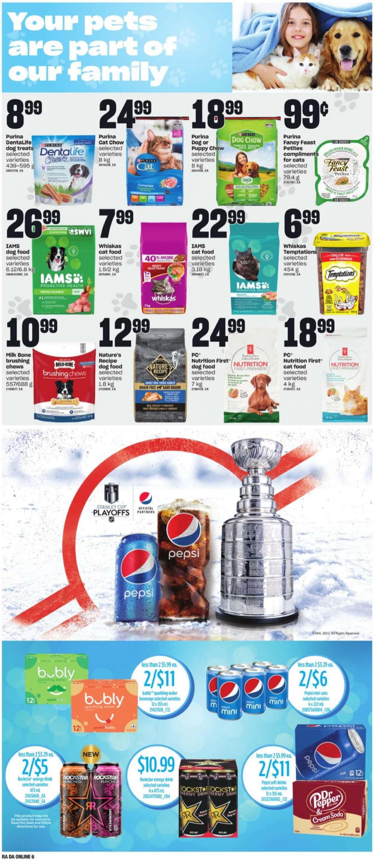 thumbnail - Dominion Flyer - May 12, 2022 - May 18, 2022 - Sales products - milk, chewing gum, Pepsi, energy drink, soft drink, Rockstar, sparkling water, cup, animal food, PREMIERE, cat food, dog food, Dog Chow, Purina, Dentalife, Fancy Feast, Iams, Stanley, Whiskas. Page 13.