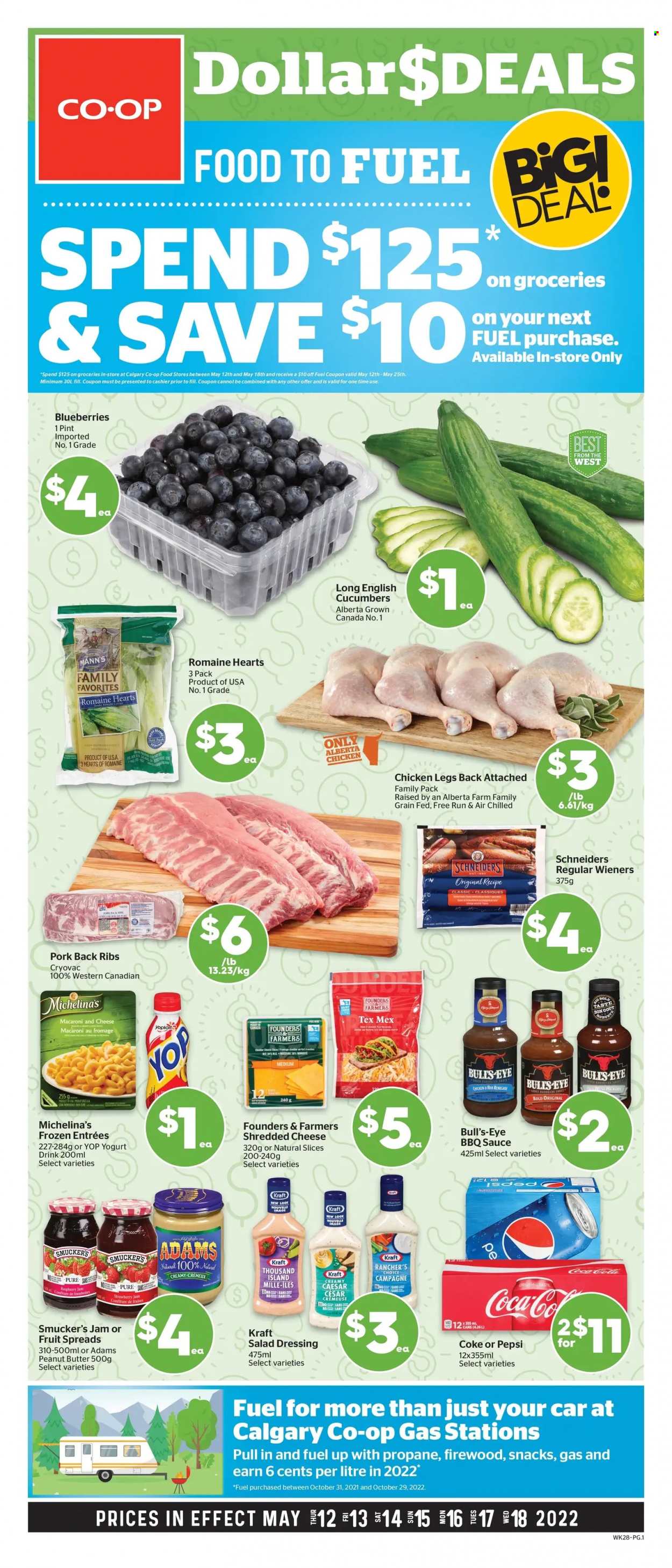 thumbnail - Calgary Co-op Flyer - May 12, 2022 - May 18, 2022 - Sales products - cucumber, blueberries, macaroni & cheese, sauce, Kraft®, shredded cheese, yoghurt, yoghurt drink, Thousand Island dressing, snack, strawberry jam, BBQ sauce, salad dressing, dressing, raspberry jam, fruit jam, peanut butter, Coca-Cola, Pepsi, chicken legs, chicken, pork meat, pork ribs, pork back ribs. Page 1.