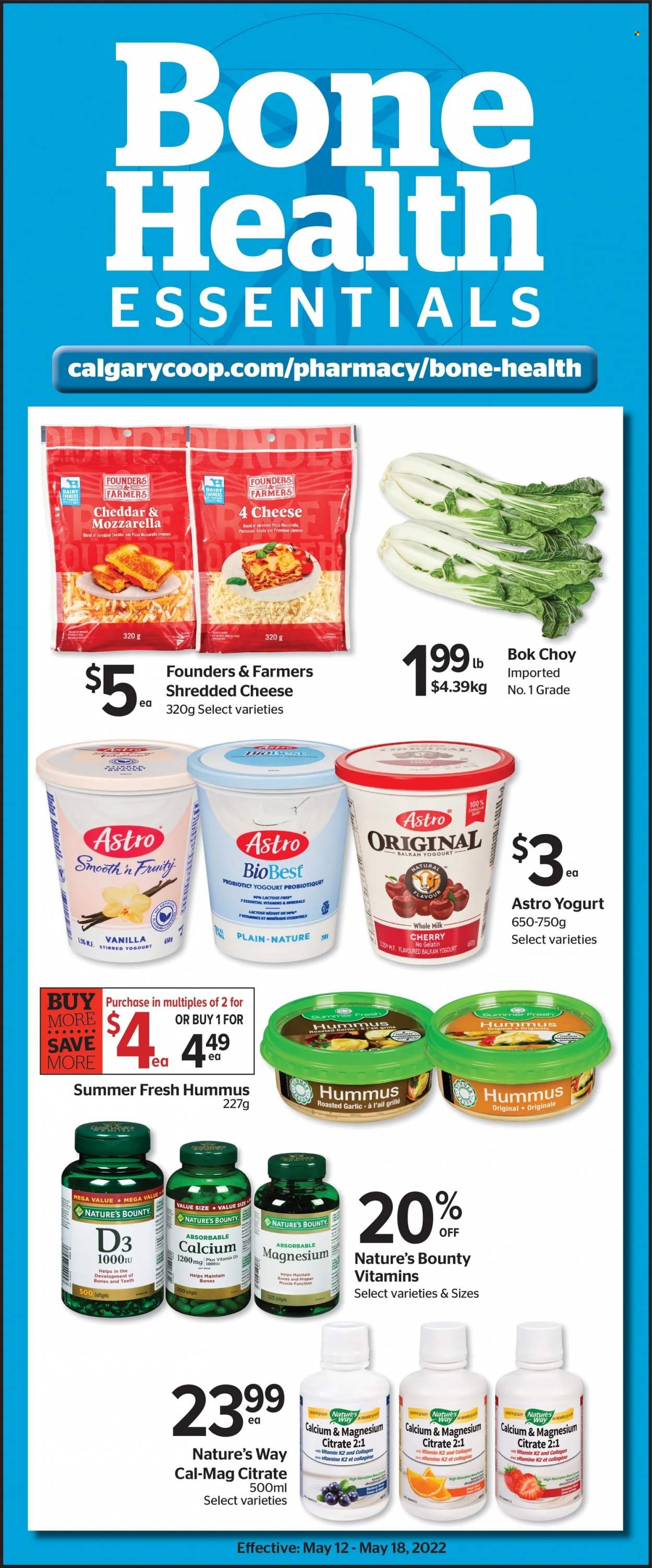 thumbnail - Calgary Co-op Flyer - May 12, 2022 - May 18, 2022 - Sales products - bok choy, cherries, pizza, hummus, gouda, shredded cheese, parmesan, Provolone, yoghurt, milk, magnesium, Nature's Bounty, gelatin, vitamin D3, calcium. Page 9.