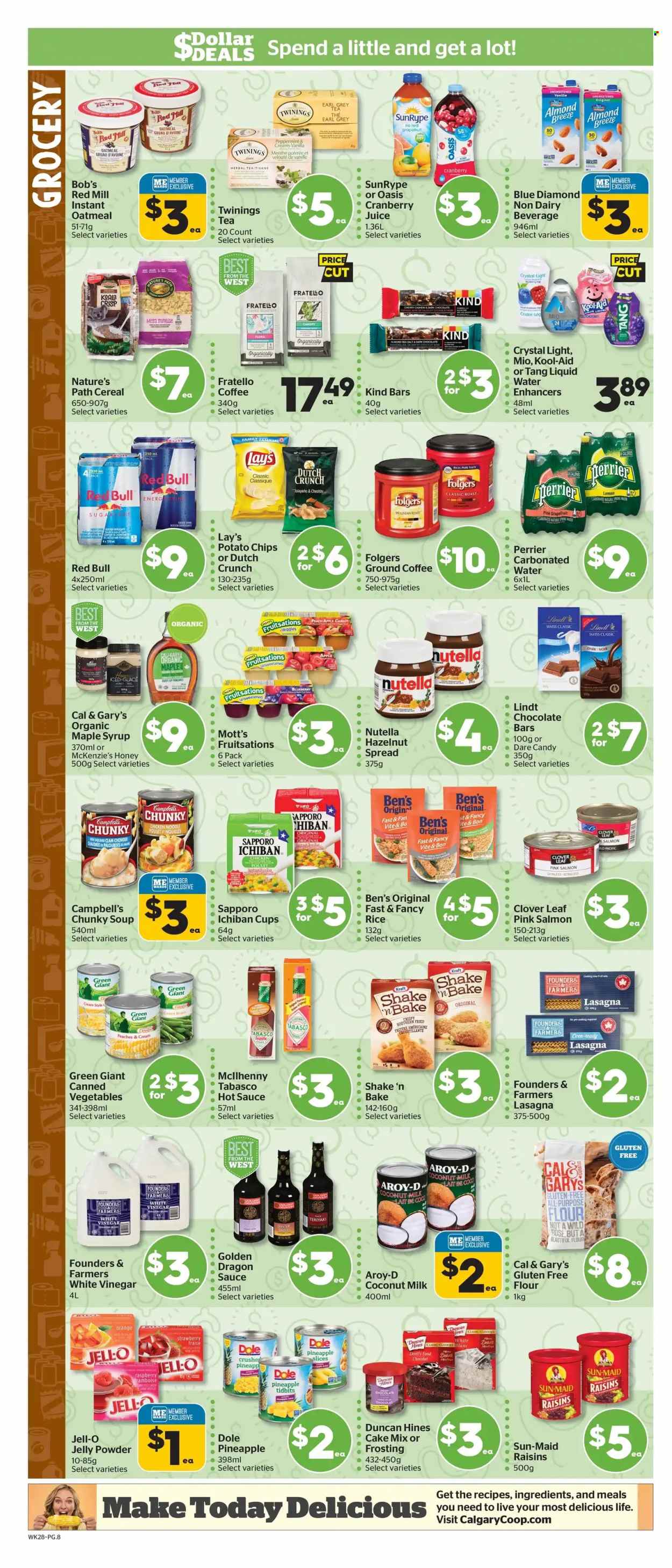 thumbnail - Calgary Co-op Flyer - May 12, 2022 - May 18, 2022 - Sales products - cake mix, Dole, jalapeño, pineapple, peaches, Mott's, salmon, oysters, Campbell's, soup, noodles, lasagna meal, Kraft®, cheese, Clover, Almond Breeze, shake, chocolate, jelly, dark chocolate, potato chips, chips, Lay’s, flour, frosting, sugar, tabasco, oatmeal, Jell-O, coconut milk, clam chowder, cereals, hot sauce, Dragon Sauce, maple syrup, honey, syrup, dried fruit, Blue Diamond, cranberry juice, juice, Red Bull, Perrier, tea, herbal tea, Twinings, coffee, Folgers, ground coffee, raisins, Nutella, Lindt, oranges. Page 10.
