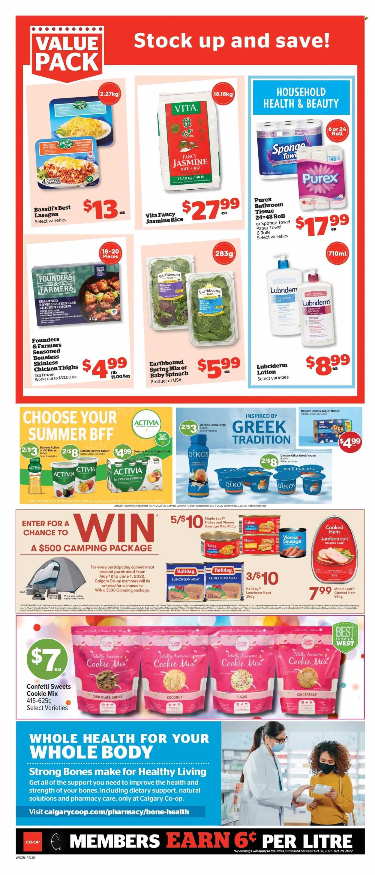 thumbnail - Calgary Co-op Flyer - May 12, 2022 - May 18, 2022 - Sales products - spinach, coconut, lasagna meal, cooked ham, ham, sausage, vienna sausage, lunch meat, cheese, greek yoghurt, yoghurt, Activia, Oikos, yoghurt drink, chocolate, sugar, oats, coconut sugar, salt, rice, jasmine rice, chicken thighs, chicken, bath tissue, paper towels, Purex, Moisture Therapy, body lotion, Lubriderm, probiotics, Danone. Page 13.