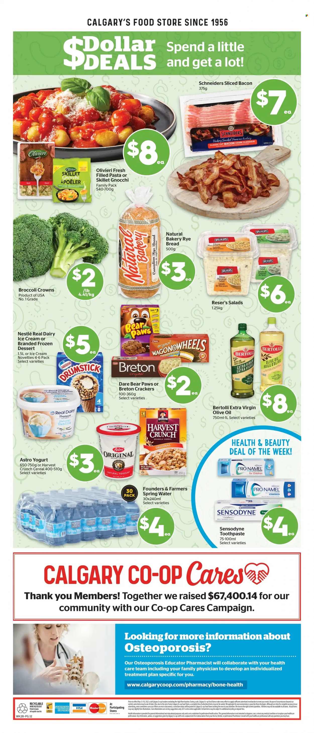 thumbnail - Calgary Co-op Flyer - May 12, 2022 - May 18, 2022 - Sales products - bread, salad, Quaker, Bertolli, filled pasta, bacon, potato salad, macaroni salad, yoghurt, ice cream, crackers, cereals, extra virgin olive oil, olive oil, oil, spring water, toothpaste, Paws, gelatin, gnocchi, granola, Nestlé, Sensodyne. Page 15.