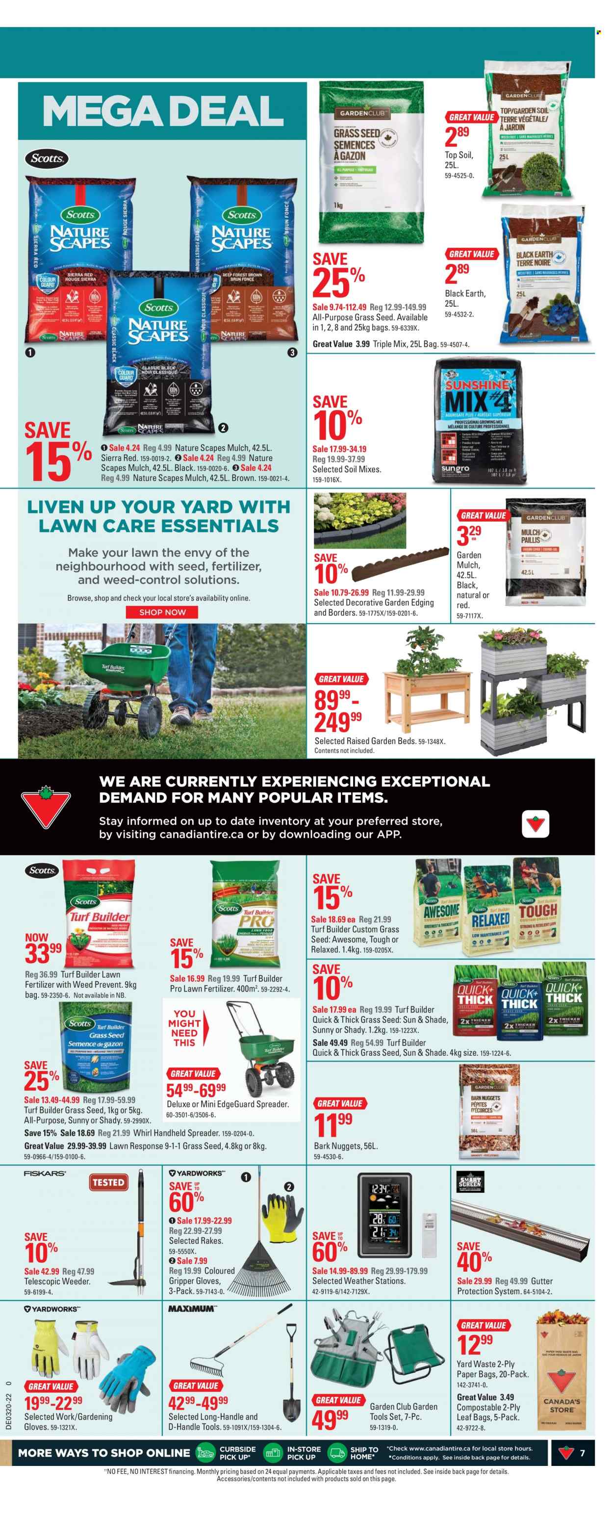 thumbnail - Canadian Tire Flyer - May 13, 2022 - May 19, 2022 - Sales products - gloves, paper, spreader, gardening tools, fertilizer, turf builder, grass seed, garden mulch. Page 7.