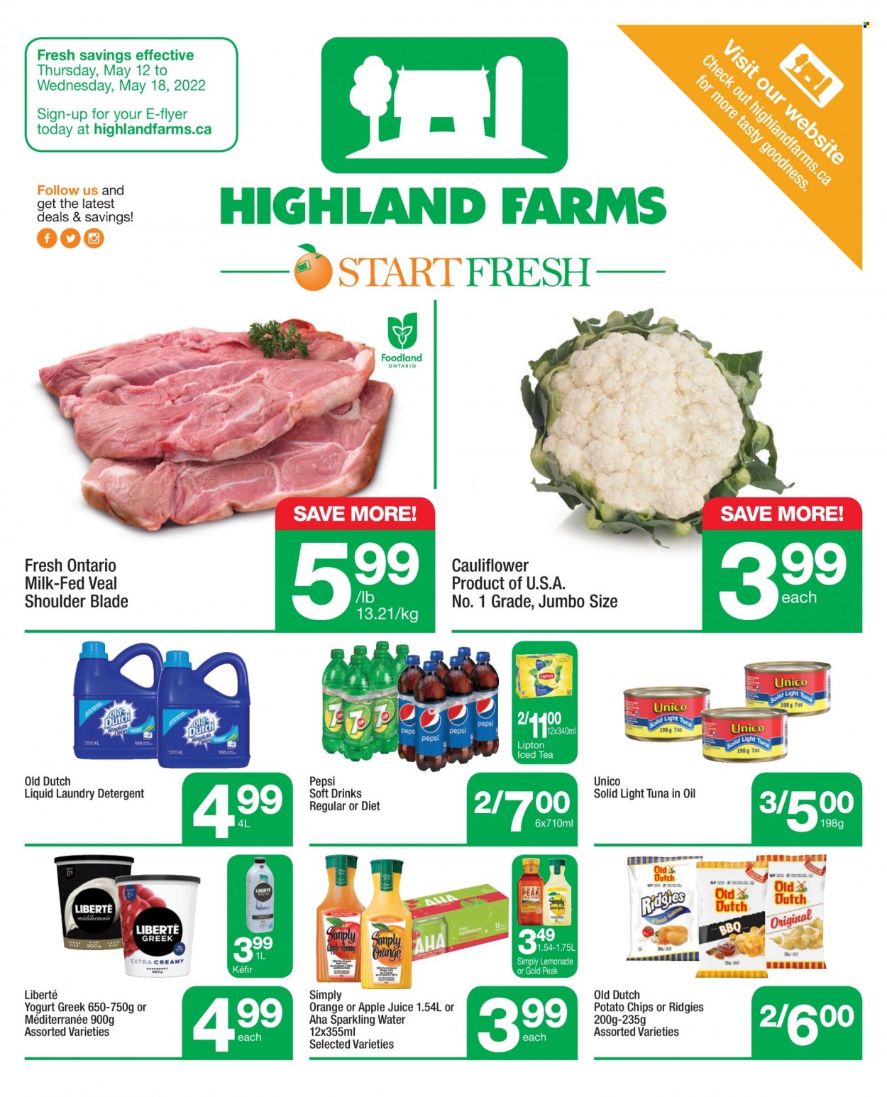 thumbnail - Highland Farms Flyer - May 12, 2022 - May 18, 2022 - Sales products - tuna, yoghurt, milk, kefir, potato chips, chips, light tuna, apple juice, lemonade, Pepsi, juice, ice tea, soft drink, sparkling water, Lipton. Page 1.