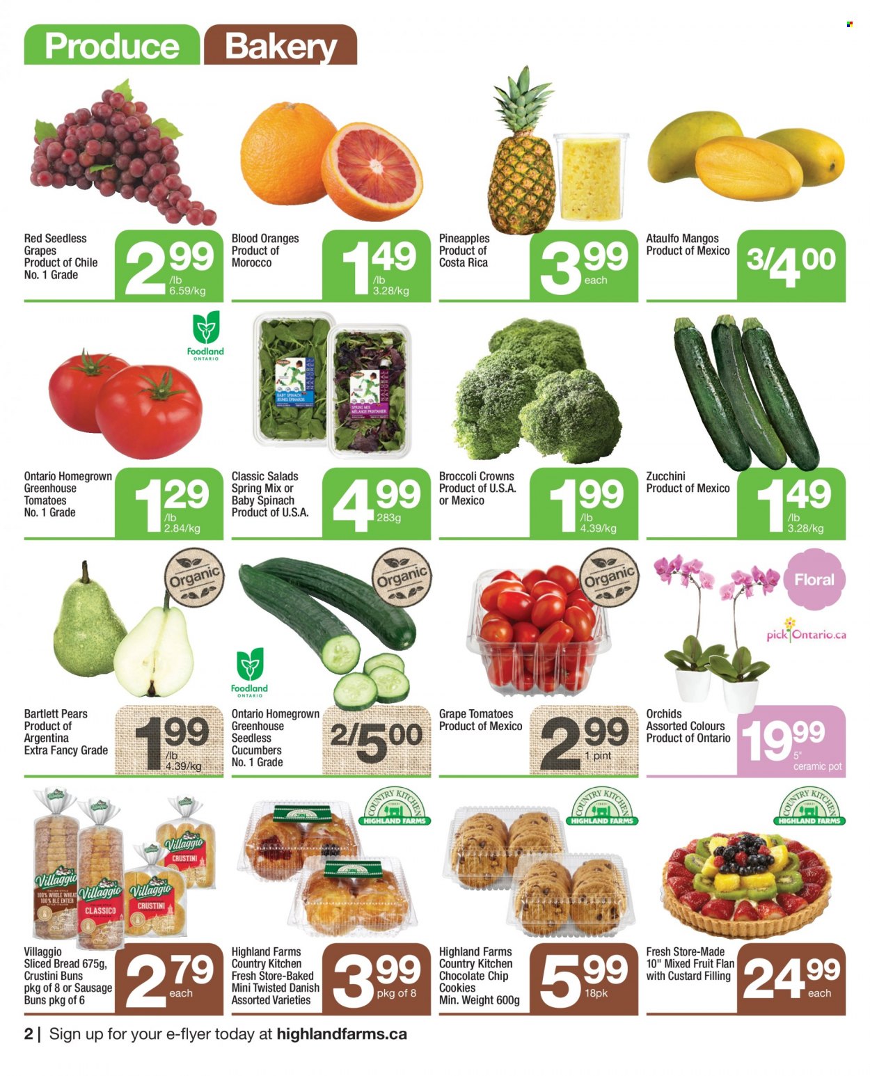 thumbnail - Highland Farms Flyer - May 12, 2022 - May 18, 2022 - Sales products - bread, buns, cucumber, spinach, tomatoes, zucchini, Bartlett pears, mango, seedless grapes, pineapple, pears, sausage, cookies, oranges. Page 2.