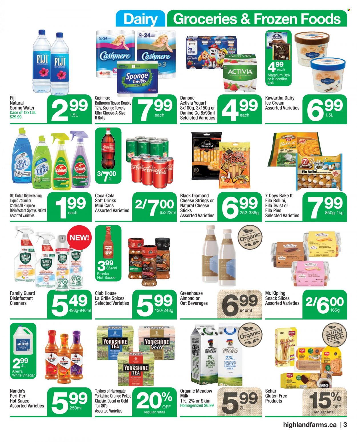 thumbnail - Highland Farms Flyer - May 12, 2022 - May 18, 2022 - Sales products - sauce, cheese, yoghurt, Activia, milk, filo dough, Magnum, ice cream, snack, 7 Days, hot sauce, vinegar, Coca-Cola, soft drink, spring water, tea, Danone, oranges. Page 3.