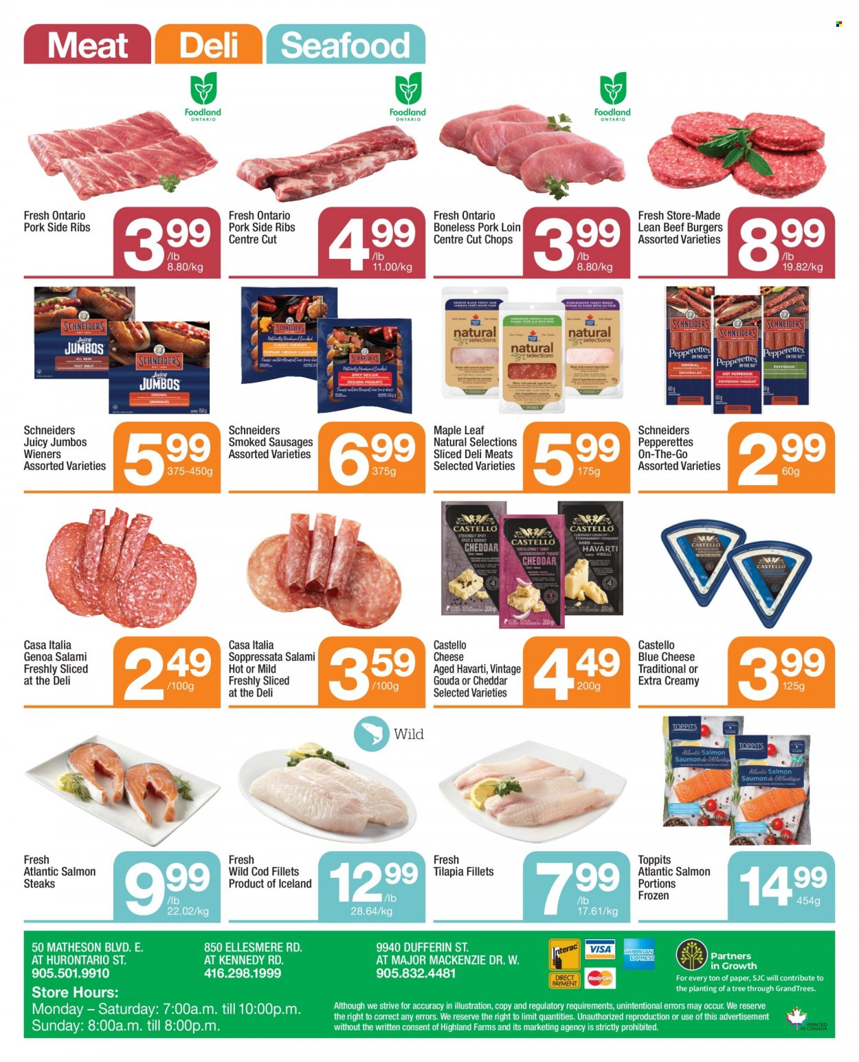 thumbnail - Highland Farms Flyer - May 12, 2022 - May 18, 2022 - Sales products - cod, salmon, tilapia, seafood, hamburger, beef burger, salami, soppressata, sausage, blue cheese, gouda, Havarti, cheese, beef meat, pork loin, pork meat, steak. Page 4.