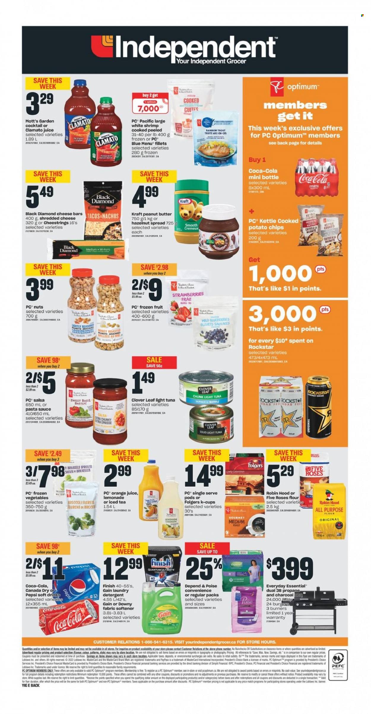 thumbnail - Independent Flyer - May 12, 2022 - May 18, 2022 - Sales products - tacos, brussel sprouts, blueberries, strawberries, Mott's, trout, tuna, shrimps, pasta sauce, sauce, Kraft®, shredded cheese, string cheese, Président, Clover, Ola, frozen vegetables, potato chips, light tuna, esponja, salsa, honey, peanut butter, hazelnut spread, Canada Dry, Coca-Cola, lemonade, Pepsi, orange juice, juice, ice tea, Clamato, soft drink, Rockstar, Folgers, coffee capsules, K-Cups, Gain, fabric softener, Downy Laundry, Optimum, detergent. Page 2.