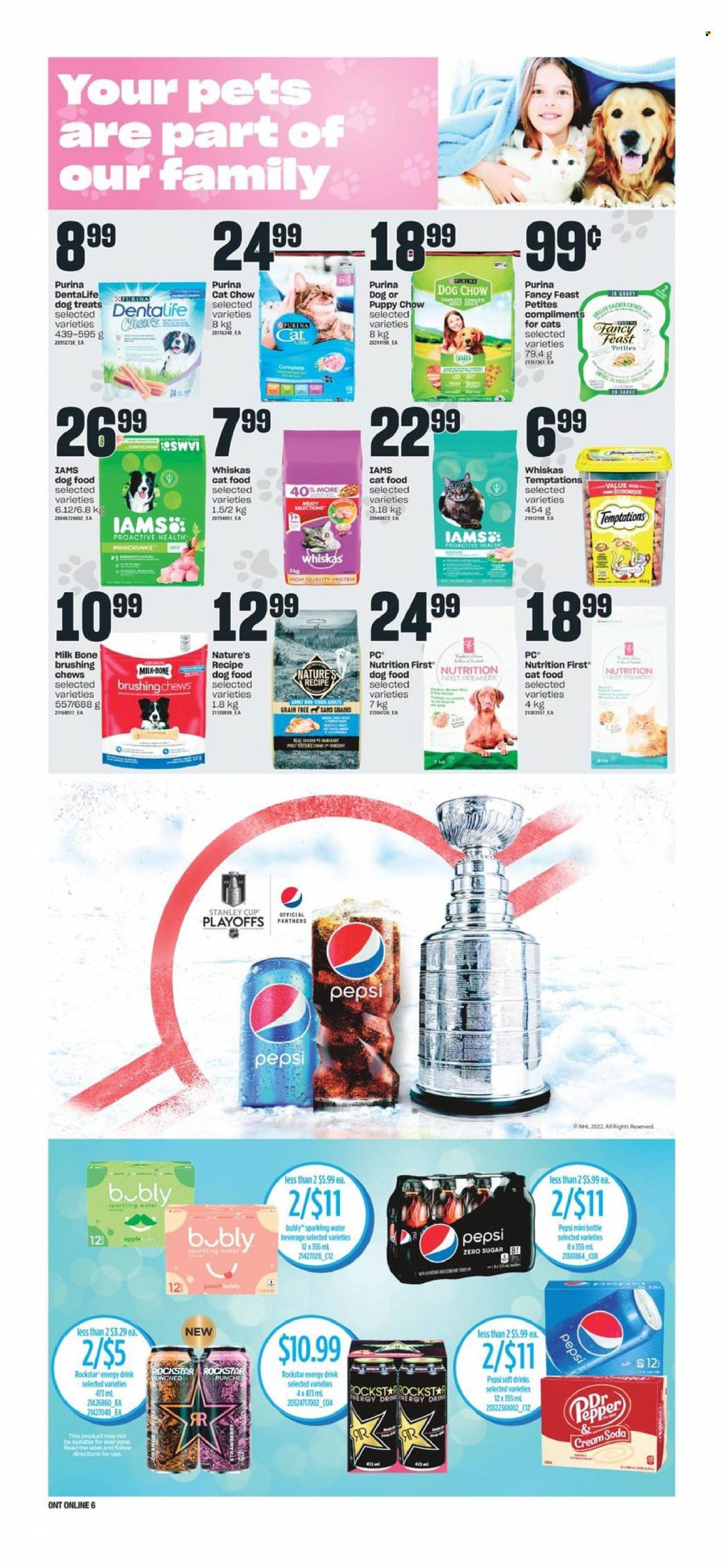 thumbnail - Independent Flyer - May 12, 2022 - May 18, 2022 - Sales products - milk, chewing gum, Pepsi, energy drink, Rockstar, sparkling water, cup, animal food, cat food, dog food, Dog Chow, Purina, Dentalife, Fancy Feast, Iams, Whiskas. Page 12.