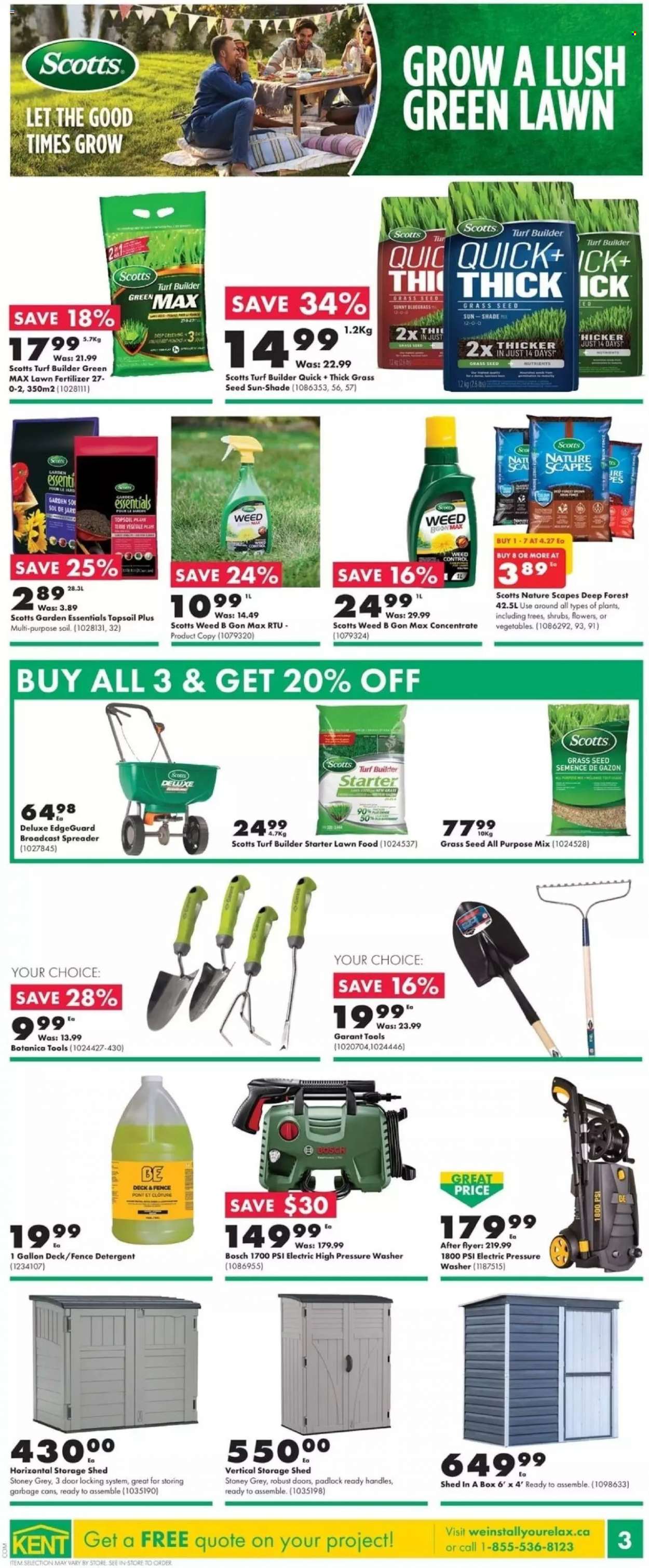 thumbnail - Kent Flyer - May 12, 2022 - May 18, 2022 - Sales products - gallon, padlock, spreader, Bosch, electric pressure washer, pressure washer, storage shed, shed, plant seeds, fertilizer, turf builder, grass seed, starter, Sol, detergent. Page 4.