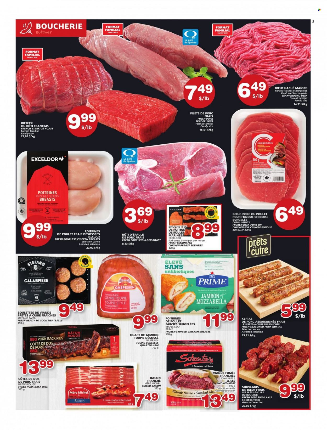 thumbnail - Les Marchés Tradition Flyer - May 12, 2022 - May 18, 2022 - Sales products - meatballs, stuffed chicken, bacon, ham, smoked ham, chicken, beef meat, ground beef, pork meat, pork ribs, pork roast, pork shoulder, pork tenderloin, pork back ribs, steak. Page 3.
